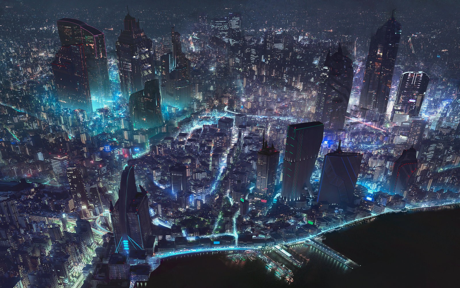 General 1600x1000 cityscape aerial view digital art cyberpunk futuristic city cyan science fiction