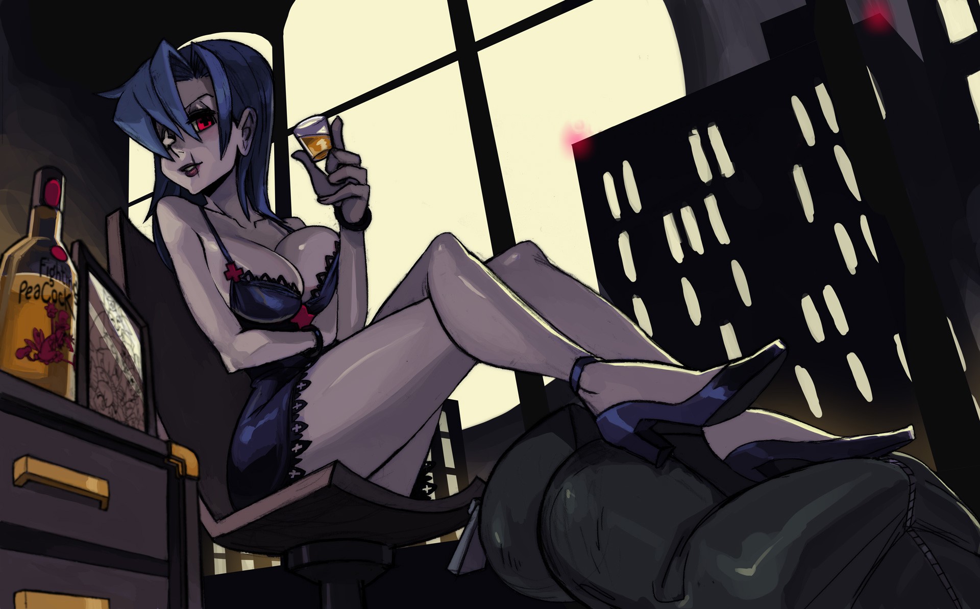 Anime 1920x1194 Skullgirls legs legs crossed blue hair boobs big boobs alcohol red eyes heels