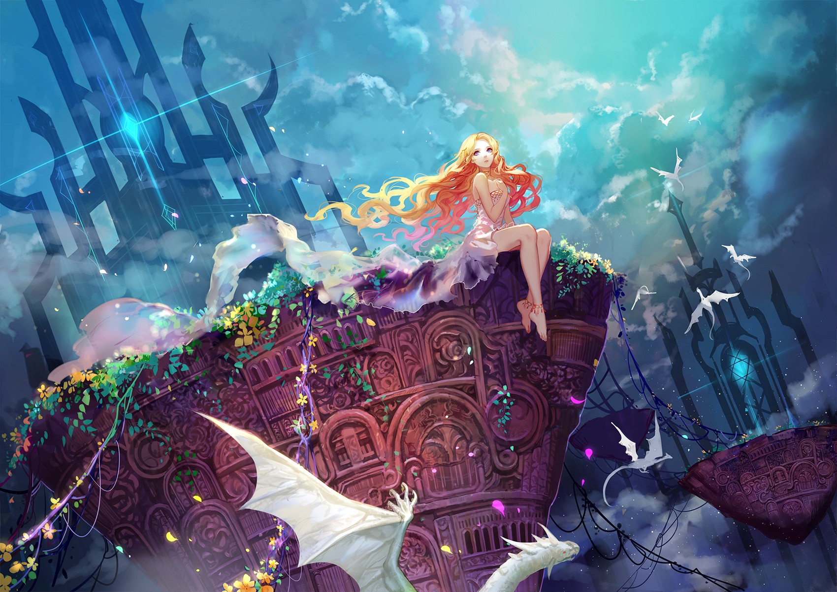 General 1700x1202 fantasy art dragon clouds women blonde cyan blue sitting long hair barefoot fantasy girl