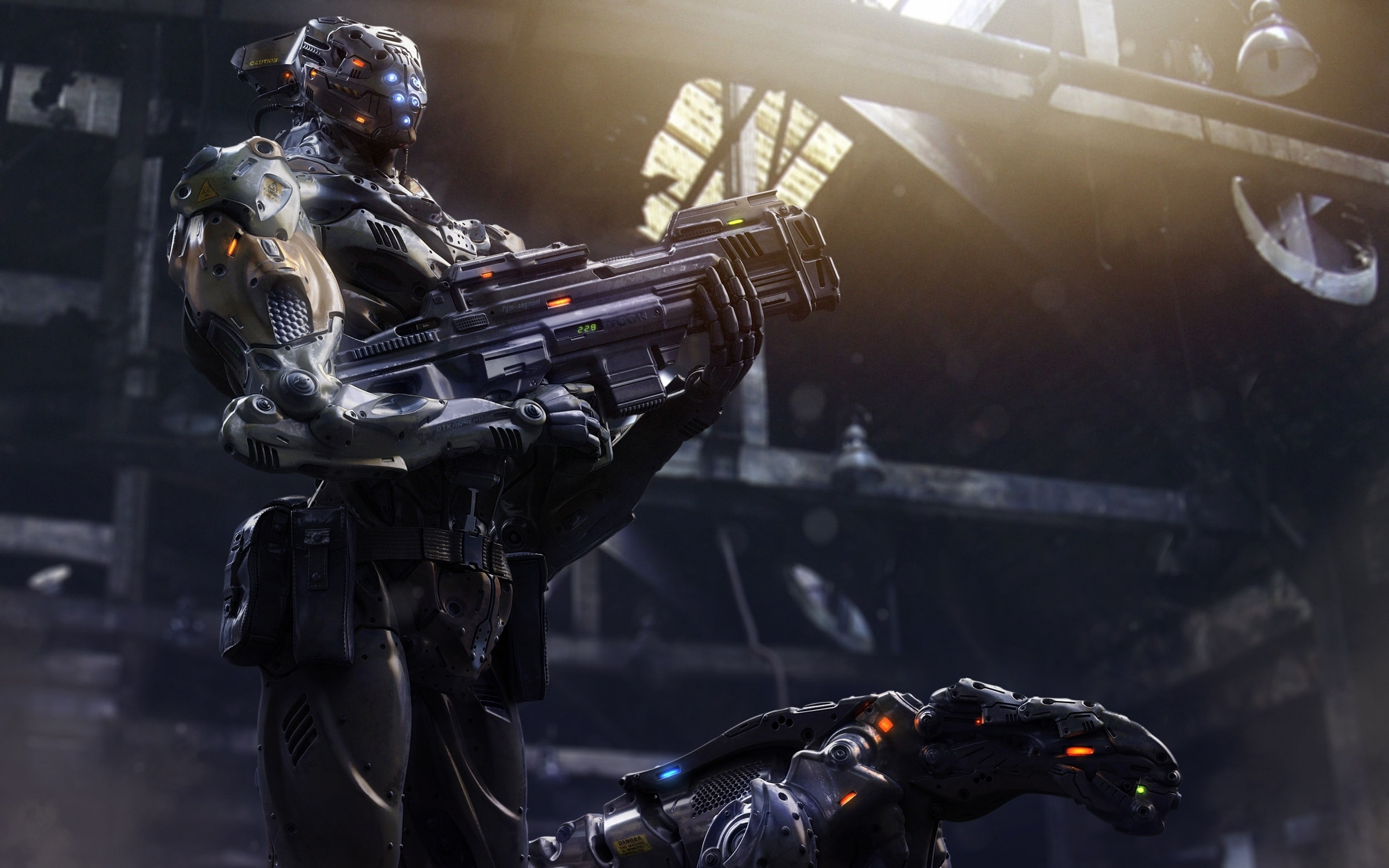 General 2400x1500 CGI robot cyborg gun machine gun digital art weapon futuristic science fiction low-angle