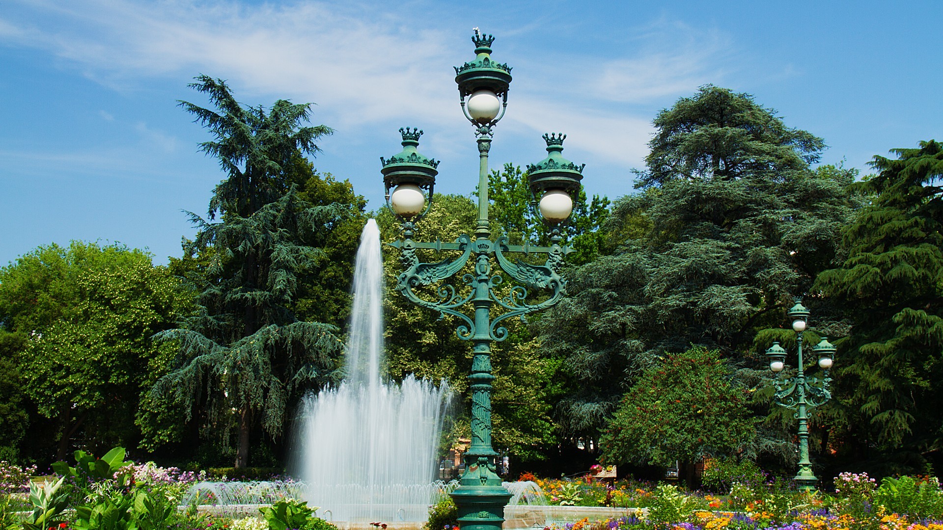 General 1920x1080 park fountain trees street light flowers outdoors