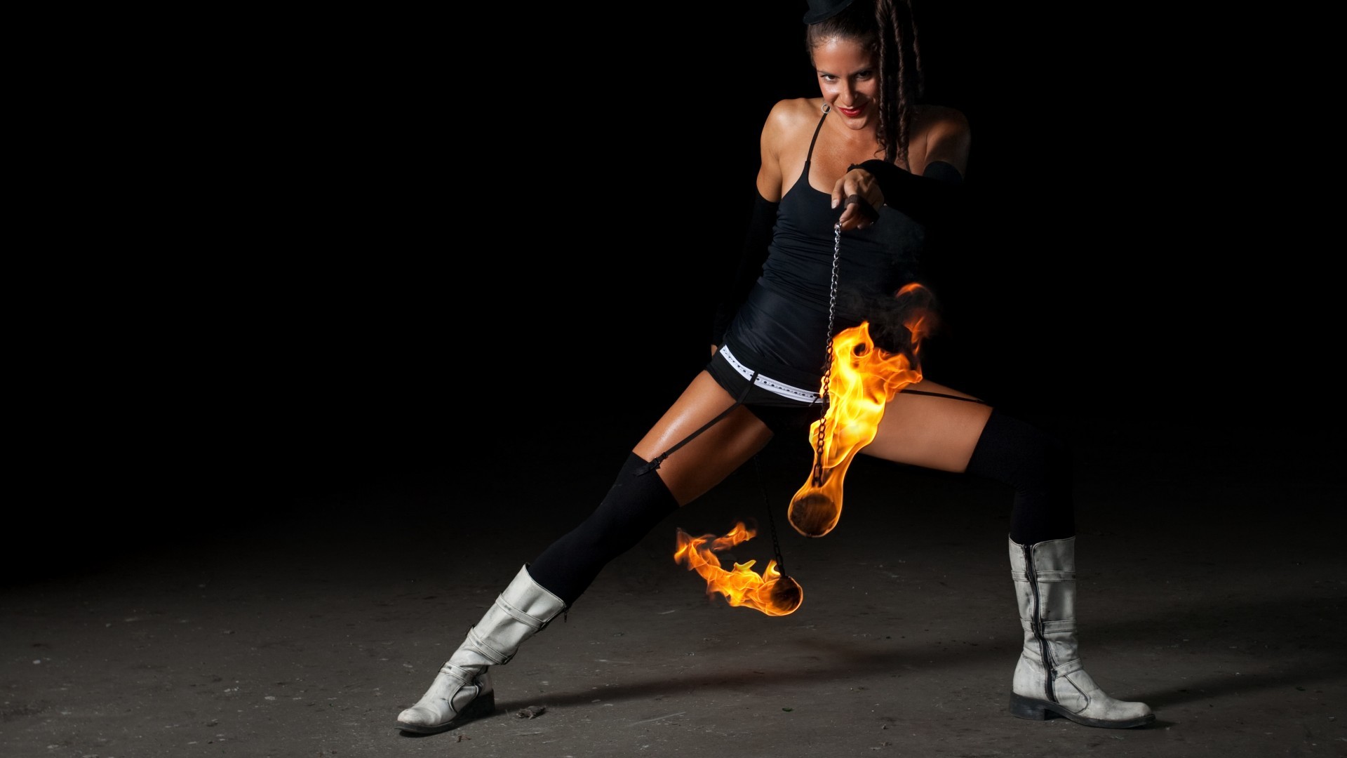 People 1920x1080 women brunette fire looking at viewer spread legs black background simple background boots red lipstick burning