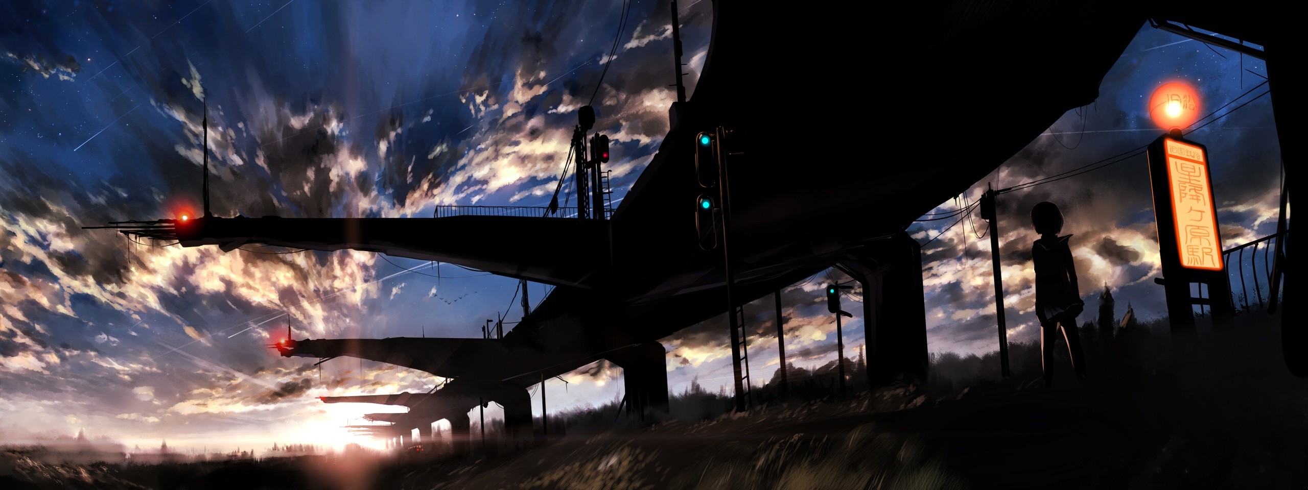 Anime 2560x960 bridge anime digital art futuristic dark outdoors sky clouds sunlight