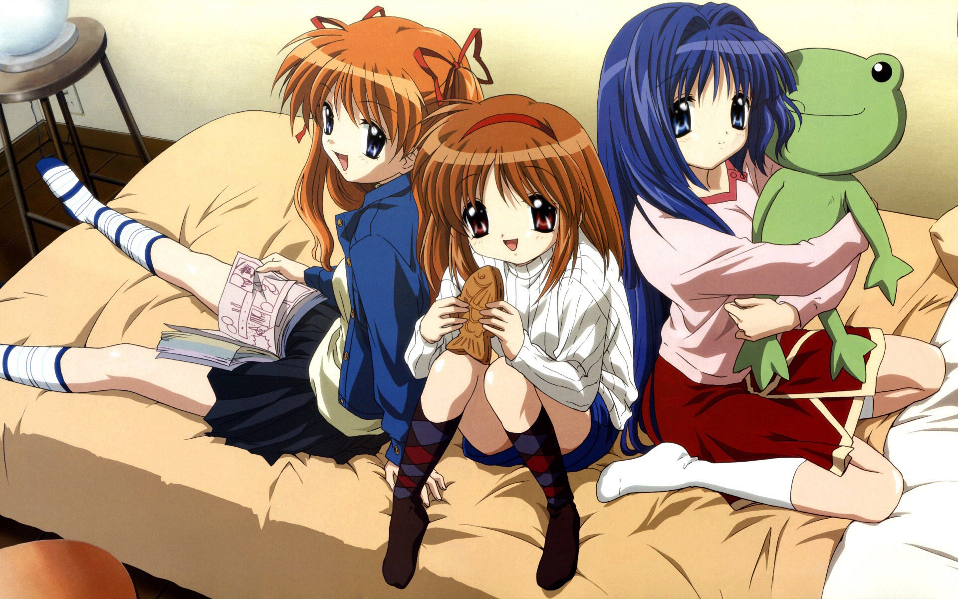 Anime 1920x1200 anime girls blue hair redhead Kanon women trio in bed women indoors looking at viewer legs