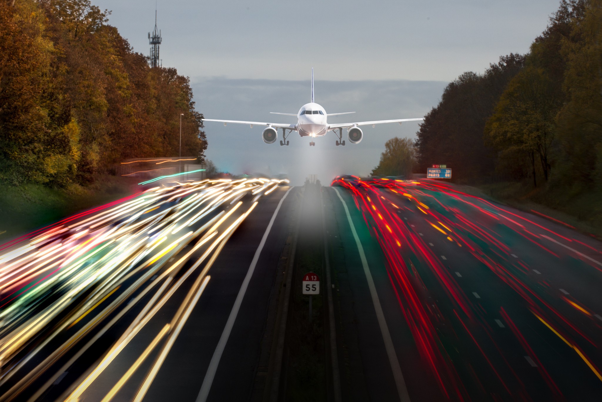 General 2048x1368 lights long exposure road highway airplane France road sign trees car light trails passenger aircraft vehicle