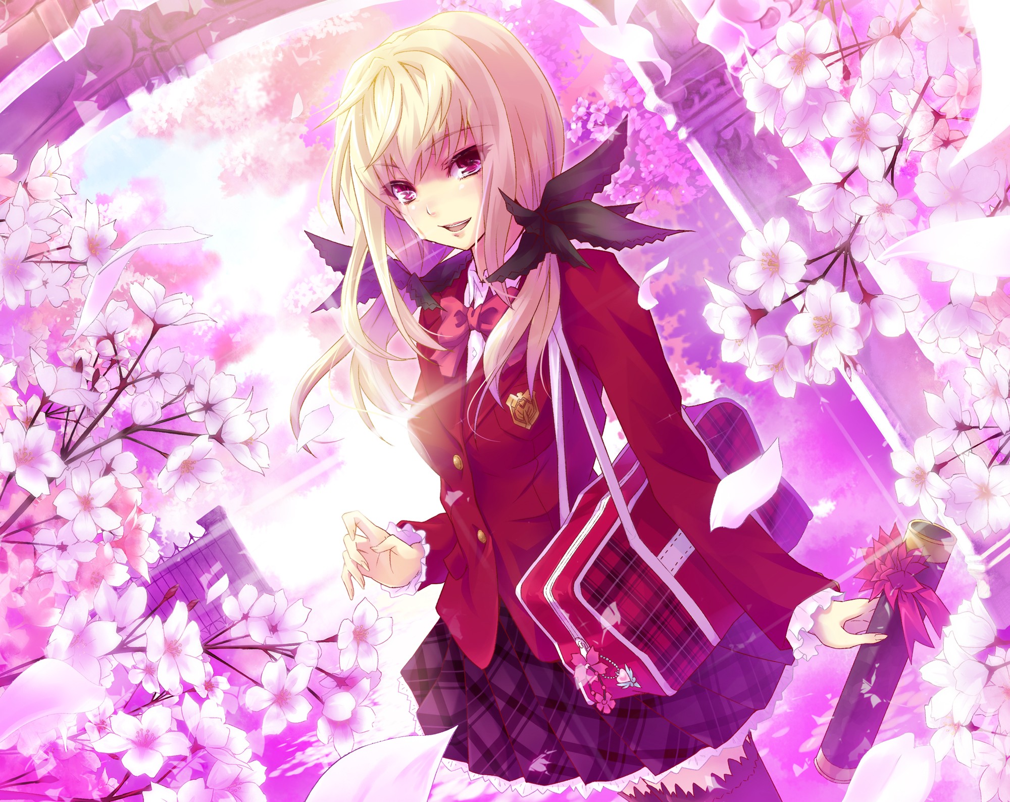 Anime 2000x1587 original characters anime girls anime blonde flowers cherry blossom looking at viewer plants