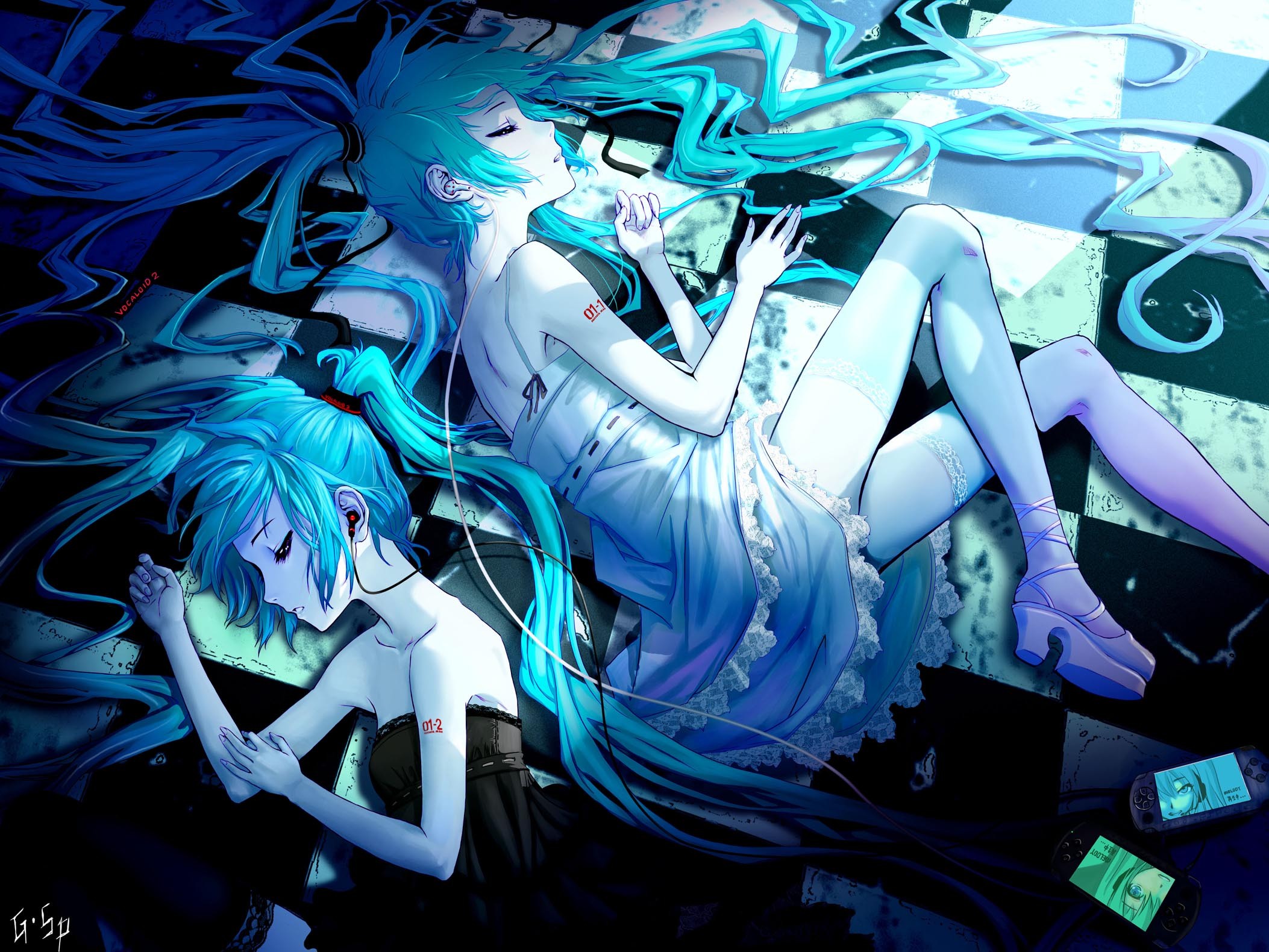 Anime 2106x1580 anime girls anime blue hair long hair blue cyan two women women legs cyan hair numbers lying down on the floor