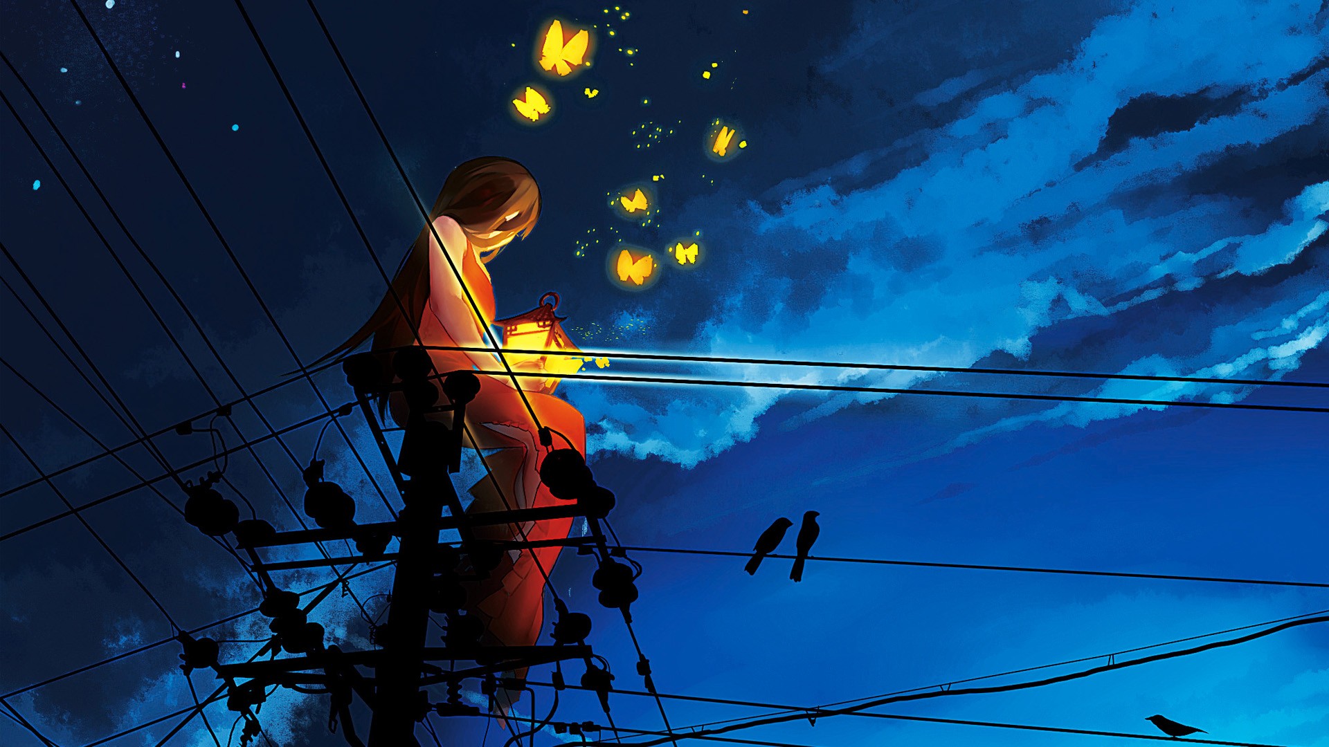 Anime 1920x1080 butterfly utility pole sunset original characters sitting power lines silhouette birds lantern women outdoors animals sky long hair anime anime girls