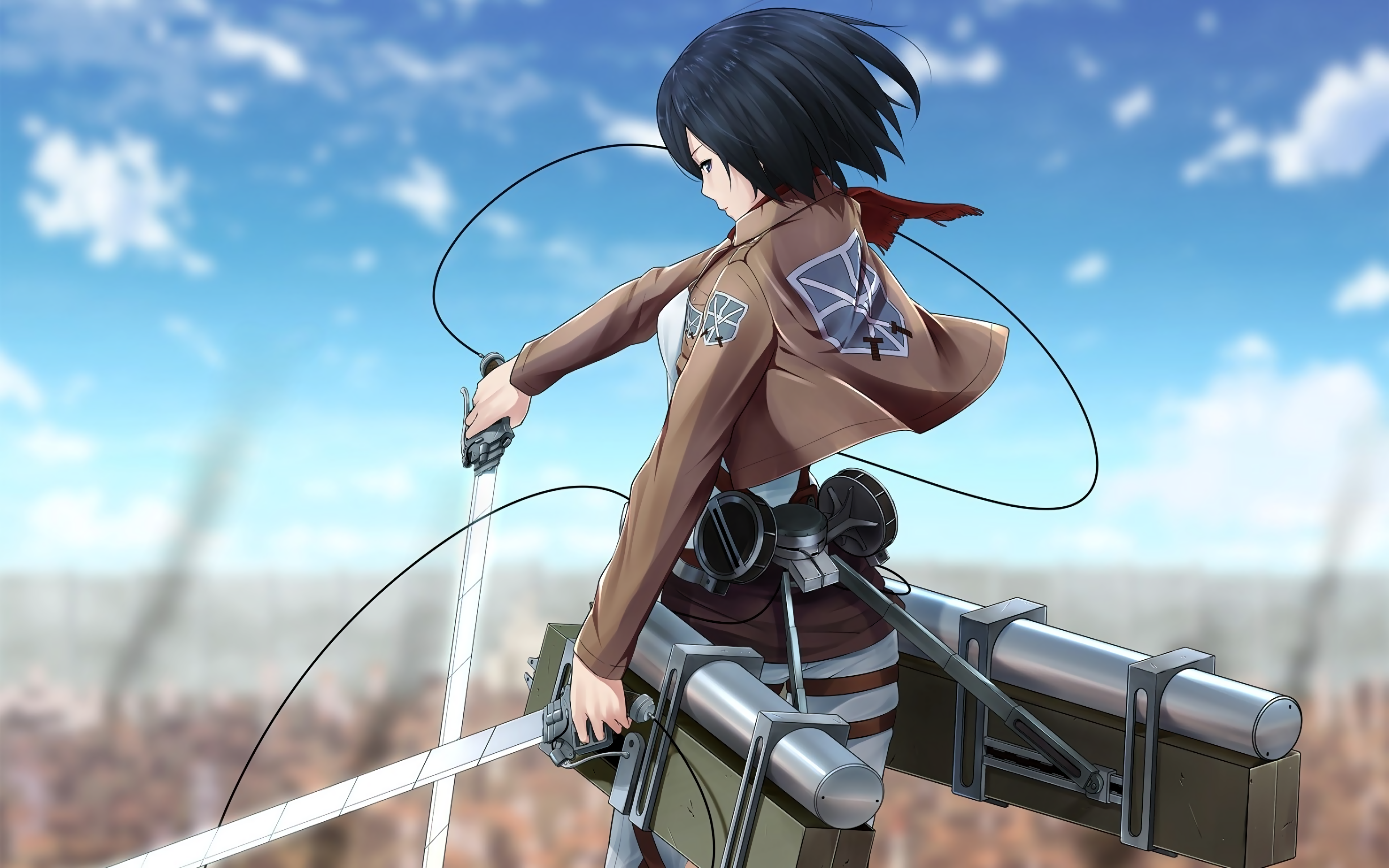 Anime 3840x2400 Mikasa Ackerman Shingeki no Kyojin anime girls anime weapon women with swords dark hair standing sword