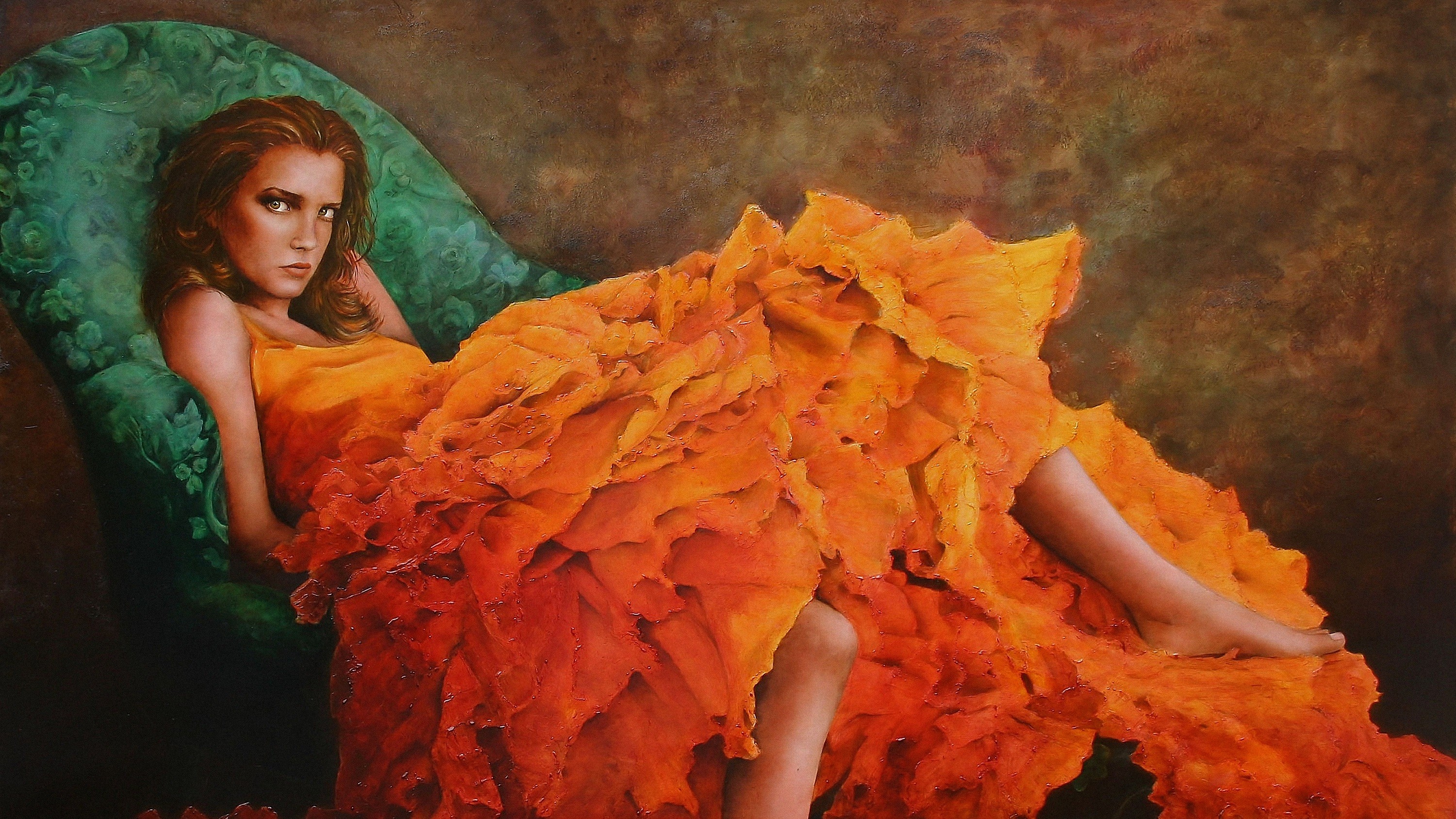 General 3000x1688 women portrait painting artwork orange dress dress