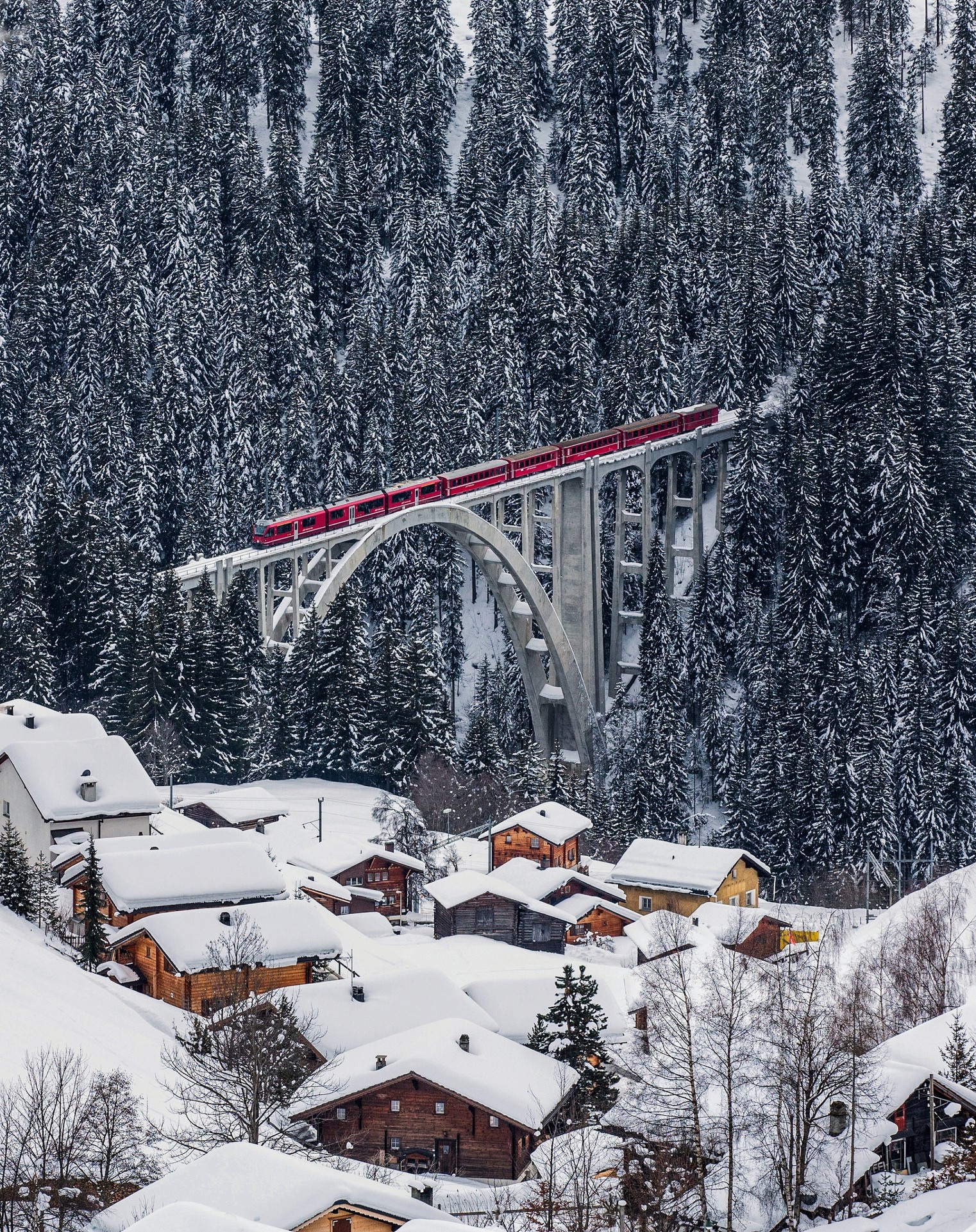 General 1522x1921 train bridge Switzerland winter trees snow vehicle rooftops village viaduct portrait display