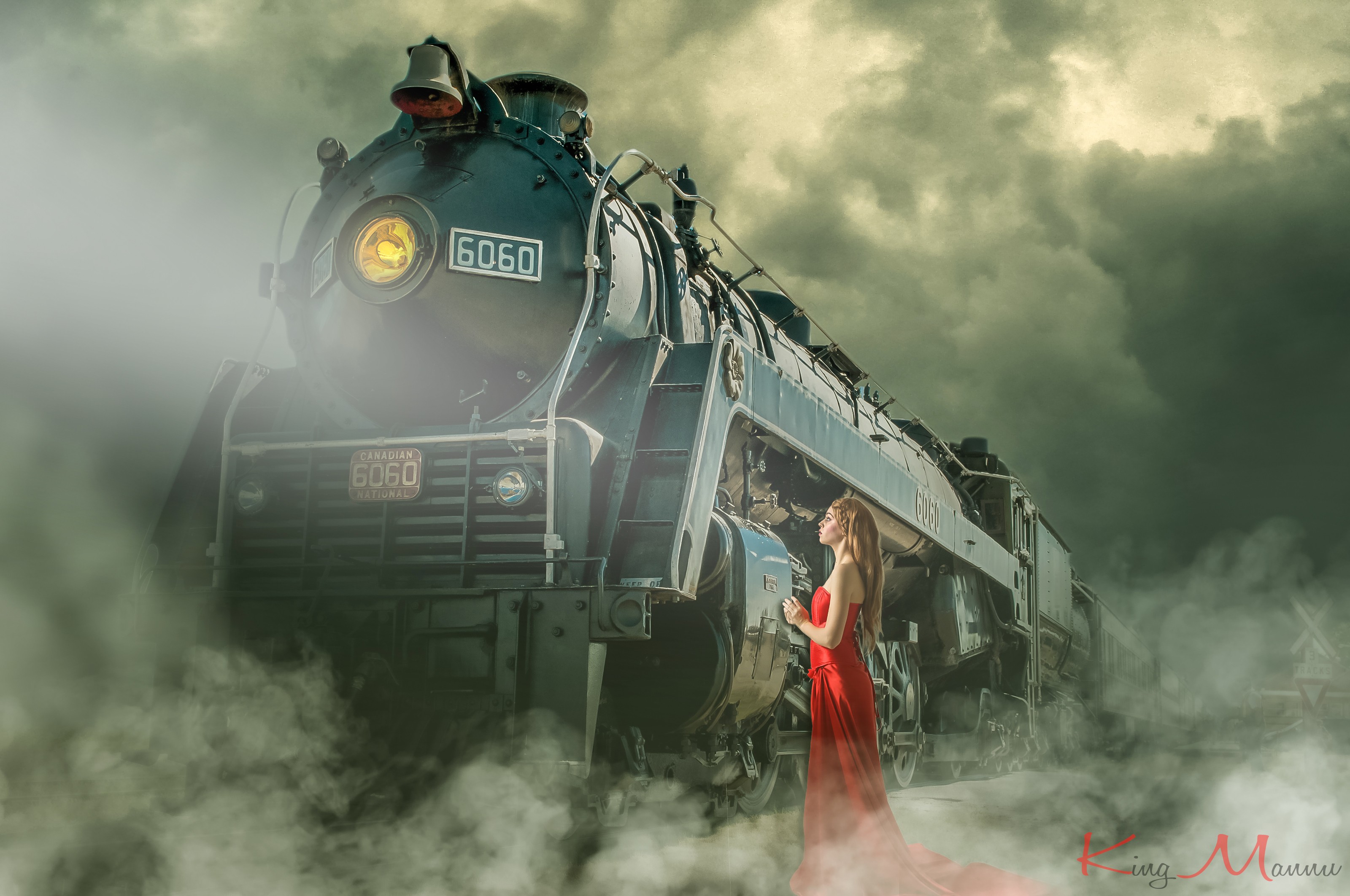 General 3200x2125 steam locomotive women mist vehicle locomotive train dress red dress numbers blonde red clothing Steam Train