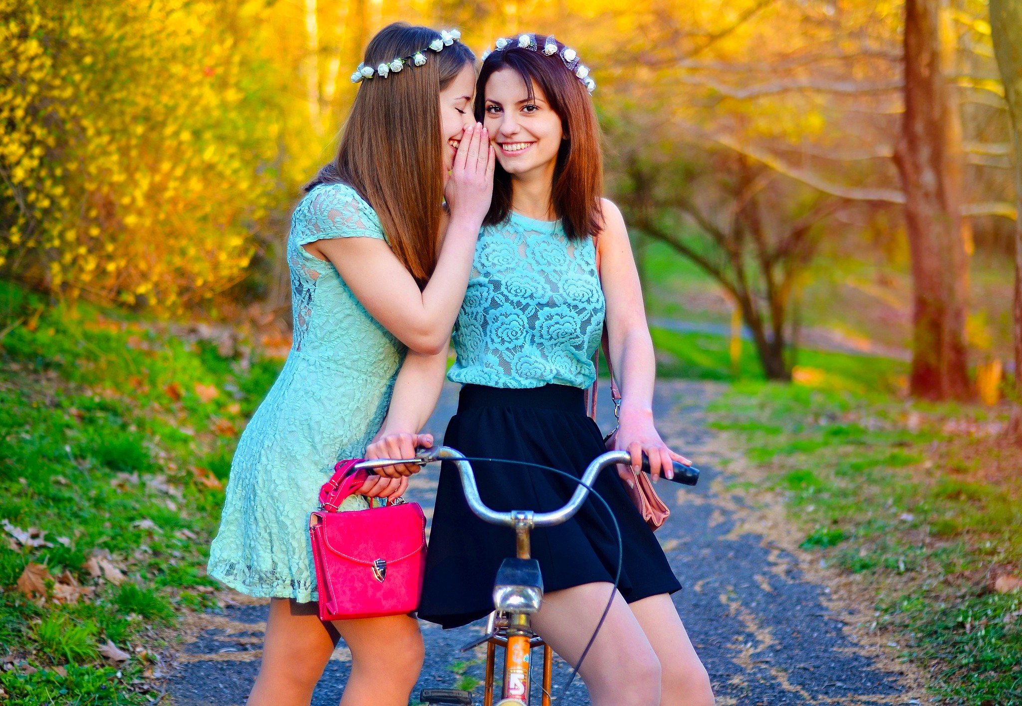 People 2048x1415 women model wreaths friendship see-through blouse brunette women with bicycles smiling happy two women bicycle cyan clothing