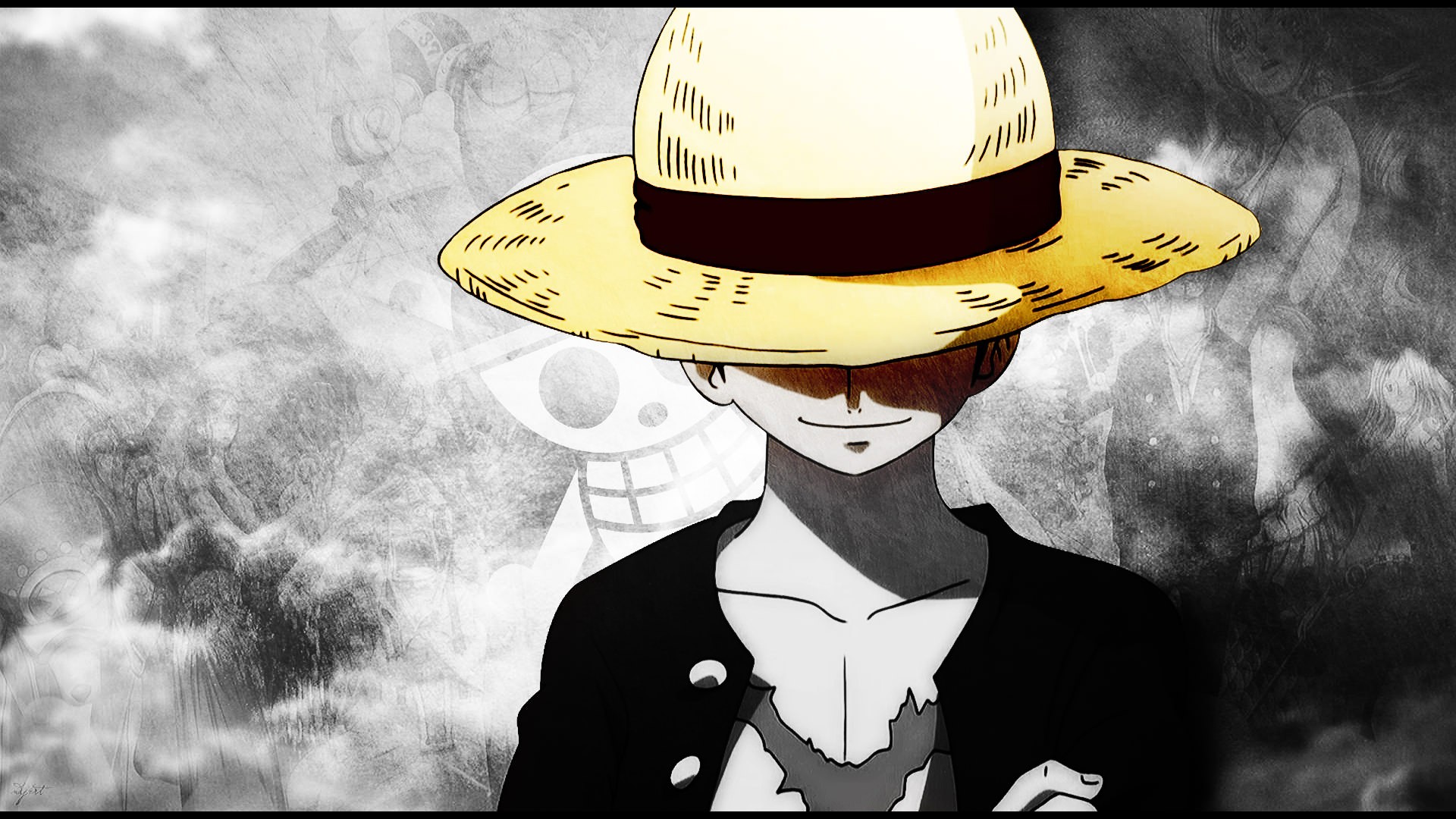 Anime 1920x1080 One Piece Monkey D. Luffy anime anime boys hat selective coloring