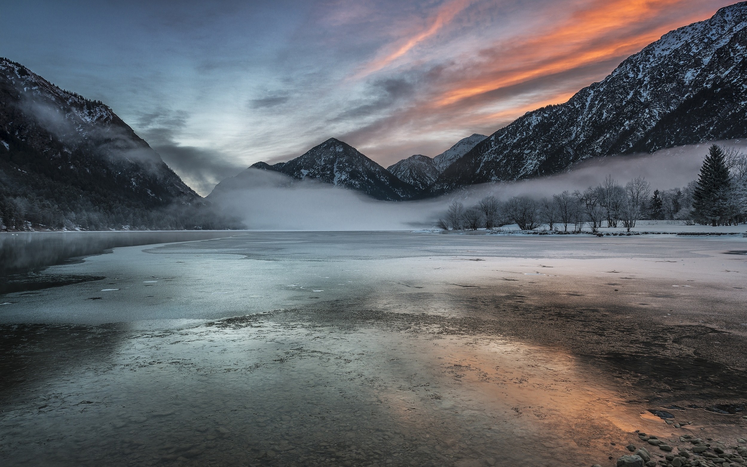 General 2500x1563 nature landscape lake mountains forest winter frost mist snow cold sky