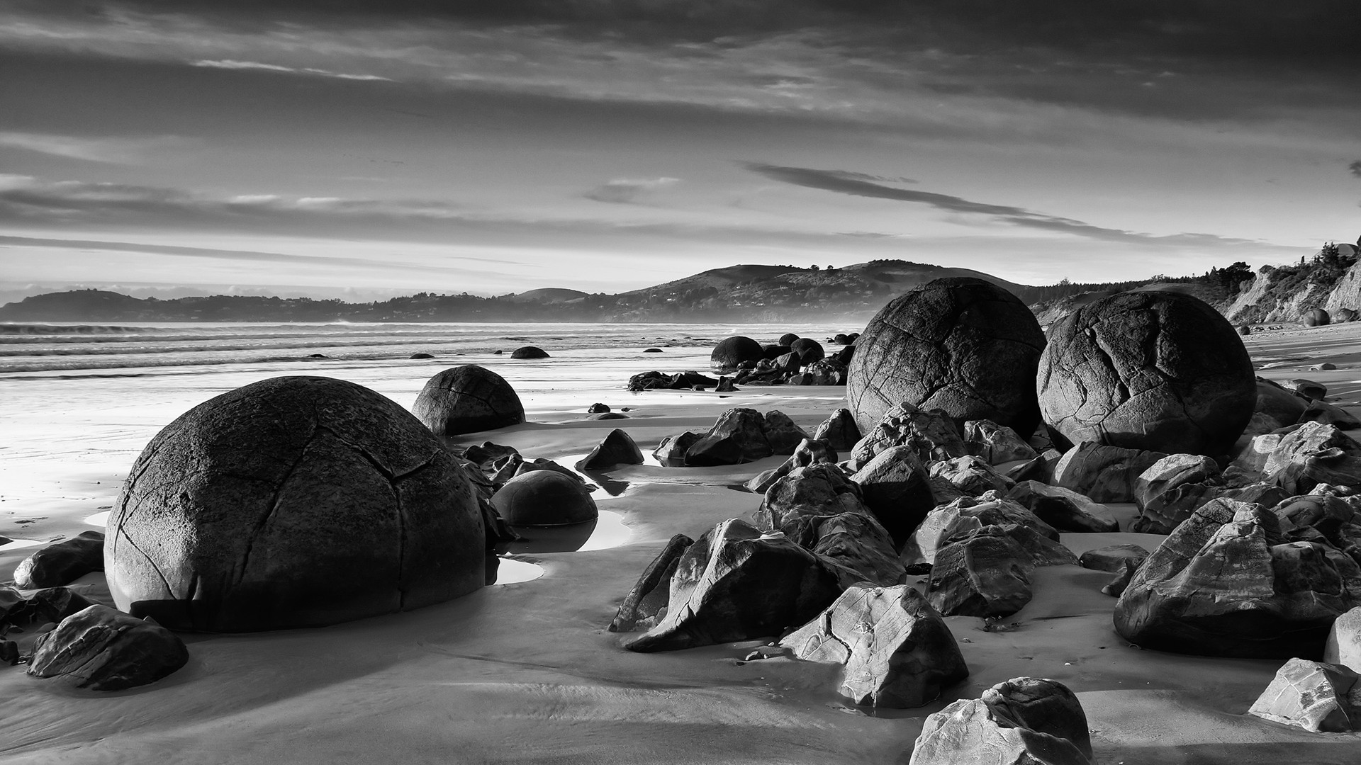 General 1920x1080 nature landscape rocks water New Zealand beach sand coast sea hills clouds trees waves monochrome