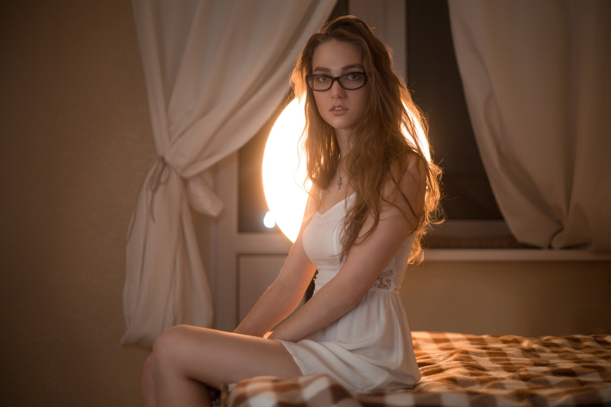 People 2048x1365 women white dress sitting women with glasses in bed brunette parted lips women indoors indoors model dress minidress white clothing lamp curtains looking at viewer necklace glasses long hair low light