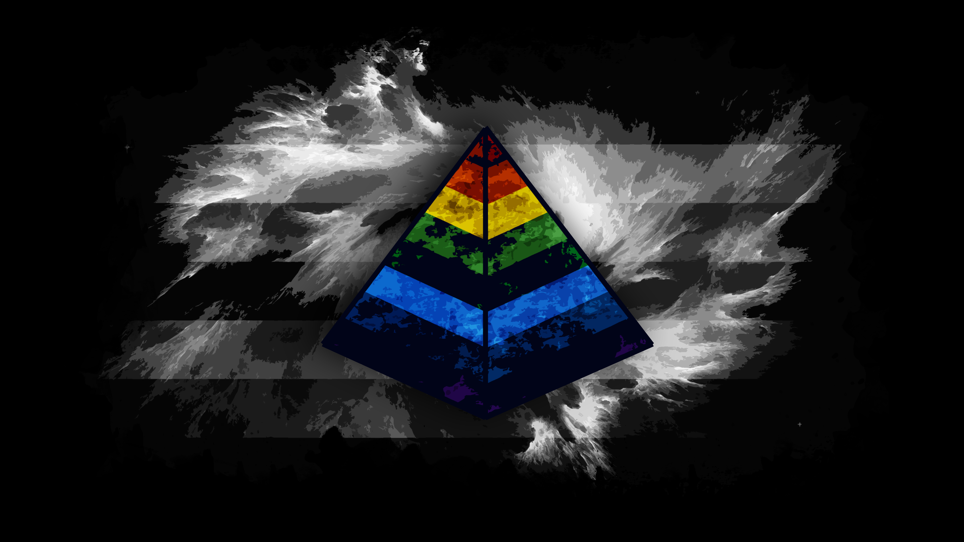General 3840x2160 digital art selective coloring pyramid abstract geometric figures black background simple background artwork