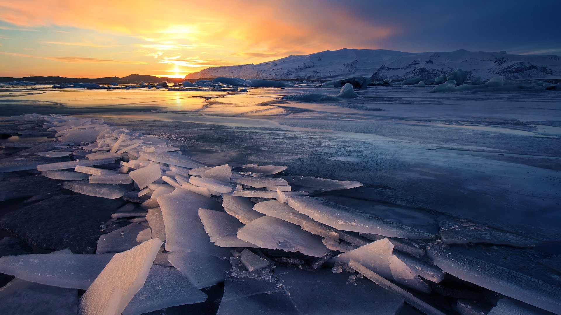 General 1920x1080 nature landscape Iceland ice winter snow glacier iceberg water mountains sunset clouds reflection frozen lake nordic landscapes