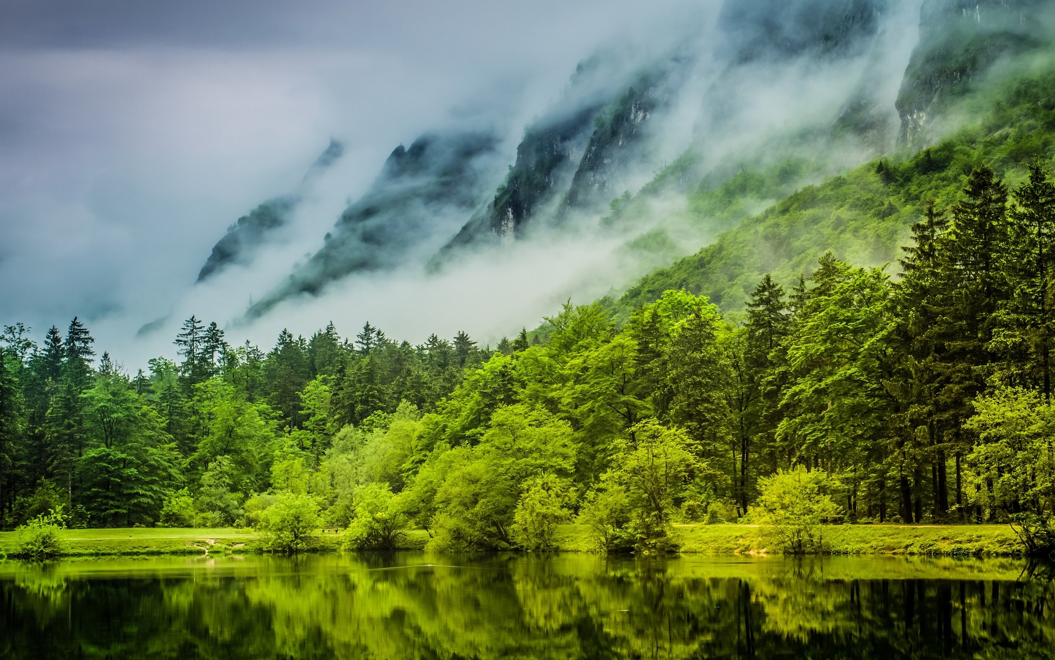 General 2100x1315 nature landscape green lake mist forest mountains water spring trees clouds Germany