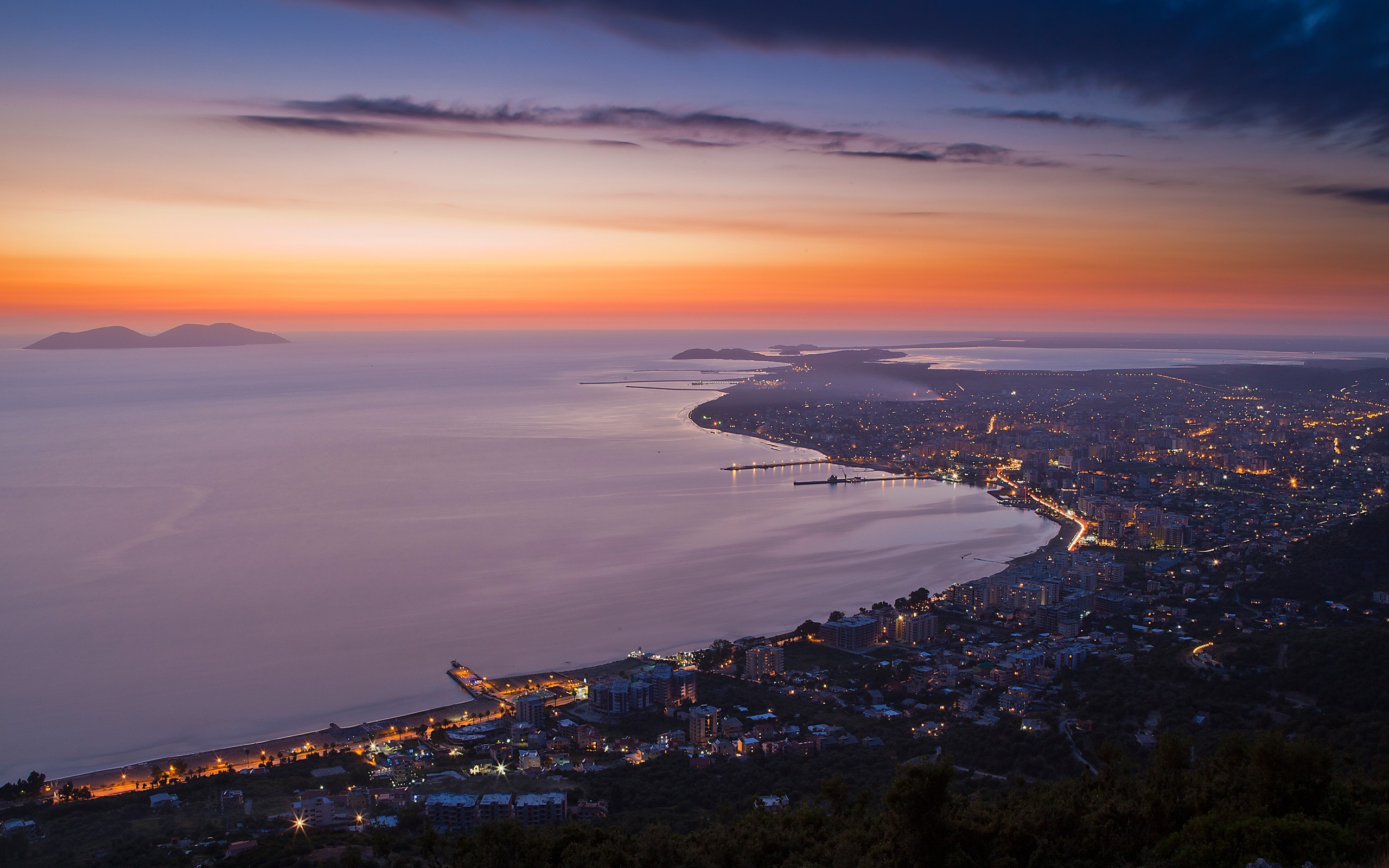 General 2560x1600 landscape coast sunset cityscape city lights Albania city lights clouds sea hills photography
