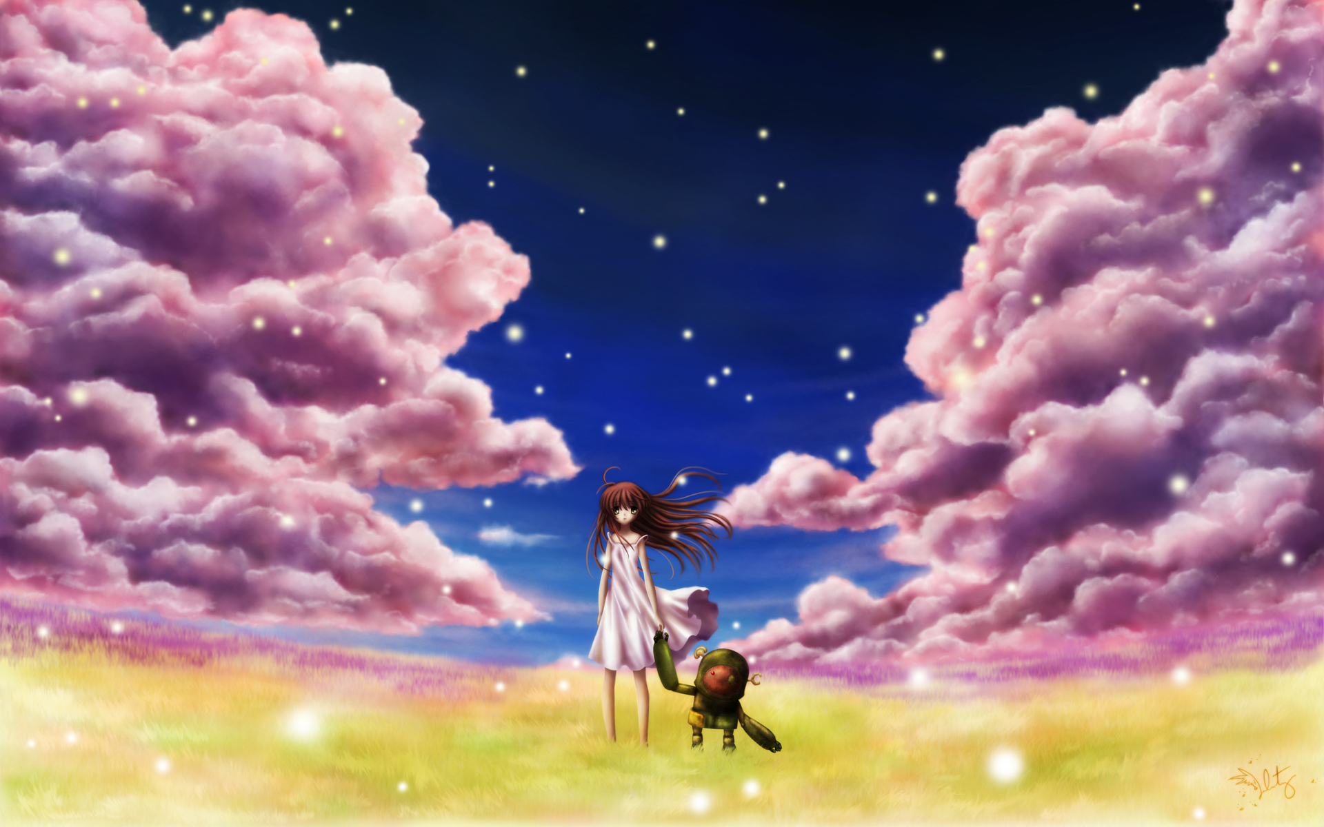Anime 1920x1200 Clannad Ushio Okazaki anime anime girls long hair field standing colorful sky clouds