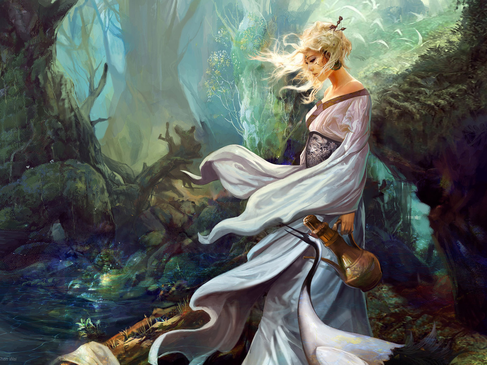 General 1600x1200 artwork fantasy art women fantasy girl forest blonde Asia nature