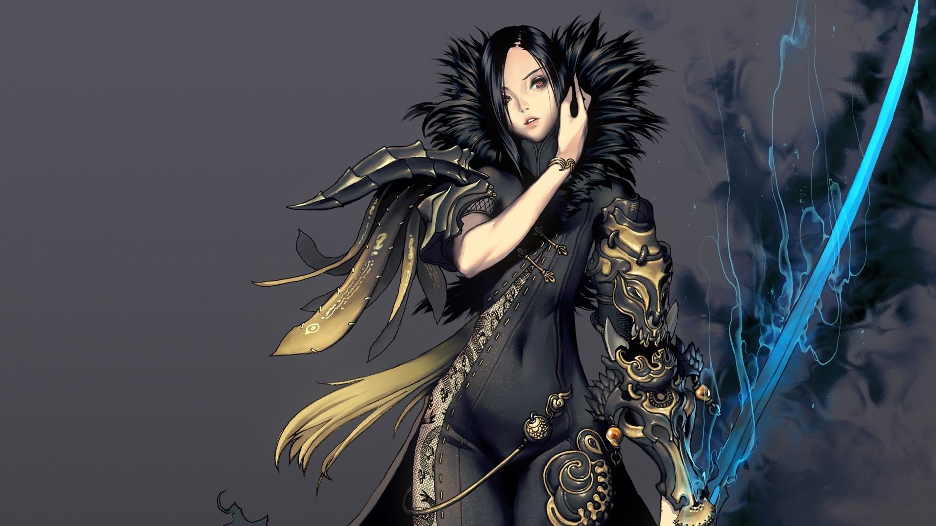 Anime 1920x1080 Blade & Soul anime girls sword Jin fantasy art fantasy girl women with swords simple background dark hair women black hair