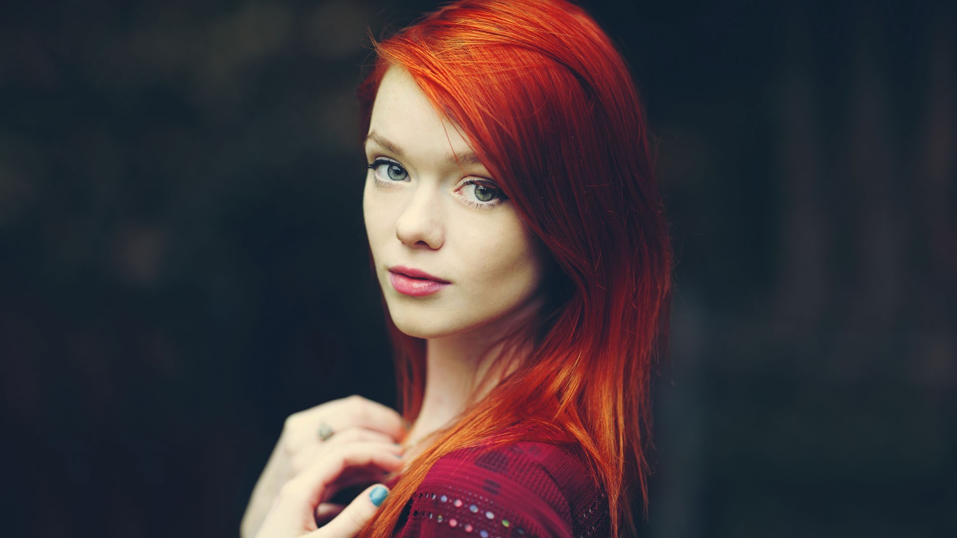 People 1920x1080 women Lass Suicide pale redhead green eyes looking at viewer dyed hair face Scottish Women long hair cyan nails British British women scottish