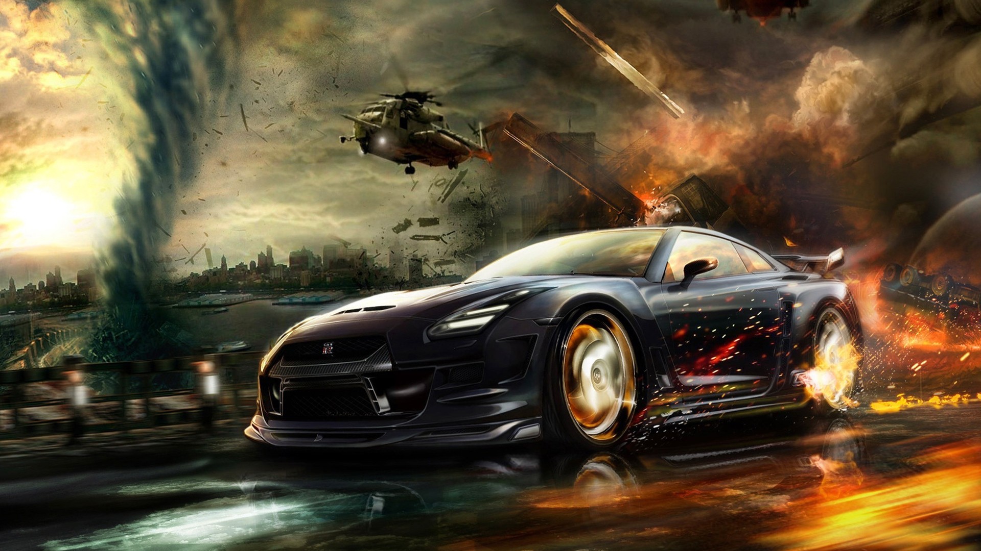 General 1920x1080 Nissan GT-R car photoshopped war vehicle artwork digital art fire Nissan helicopters backfire battle