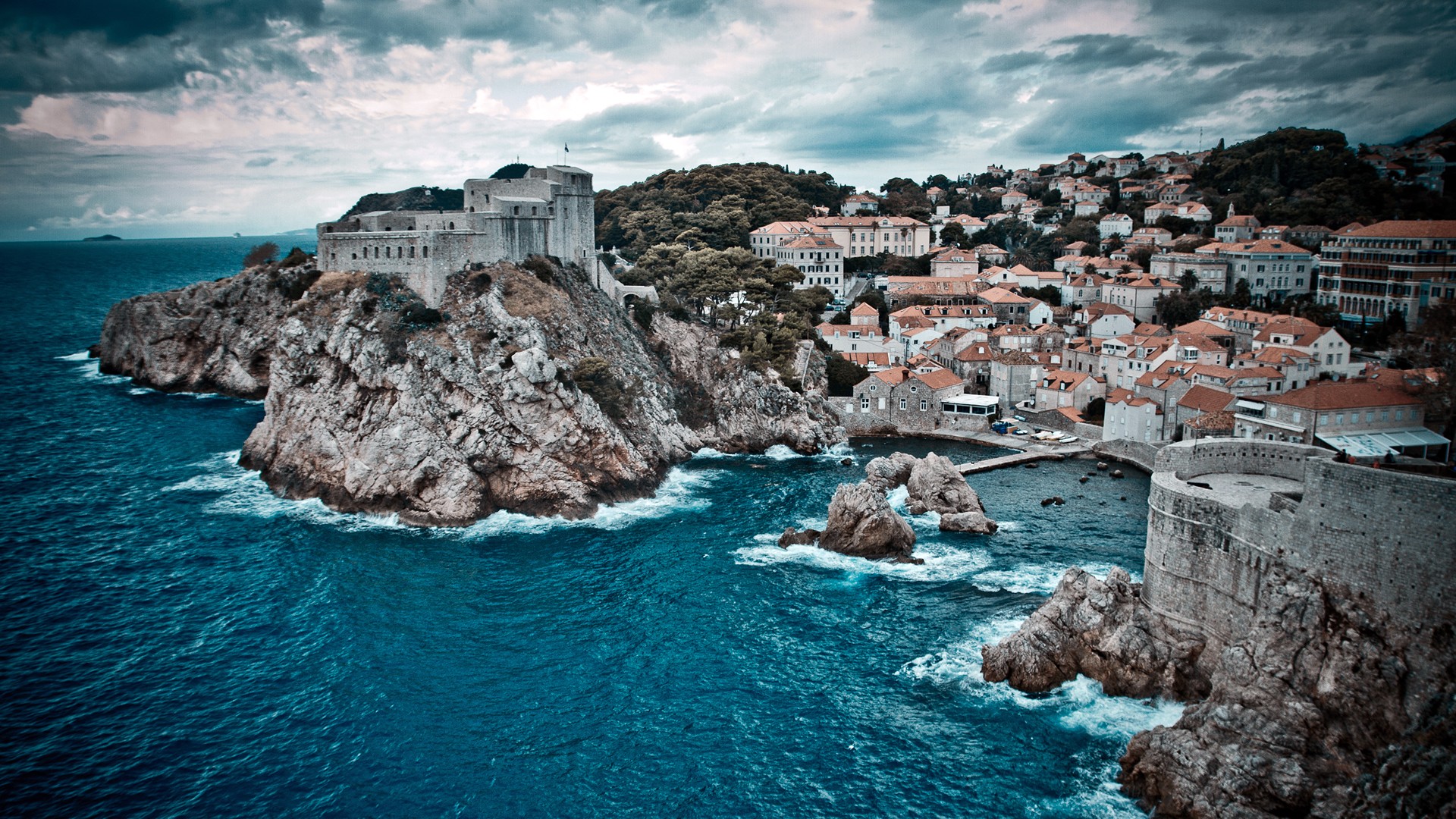 General 1920x1080 sea building bay Dubrovnik Croatia nature HDR clouds waves cliff gray rocks outdoors