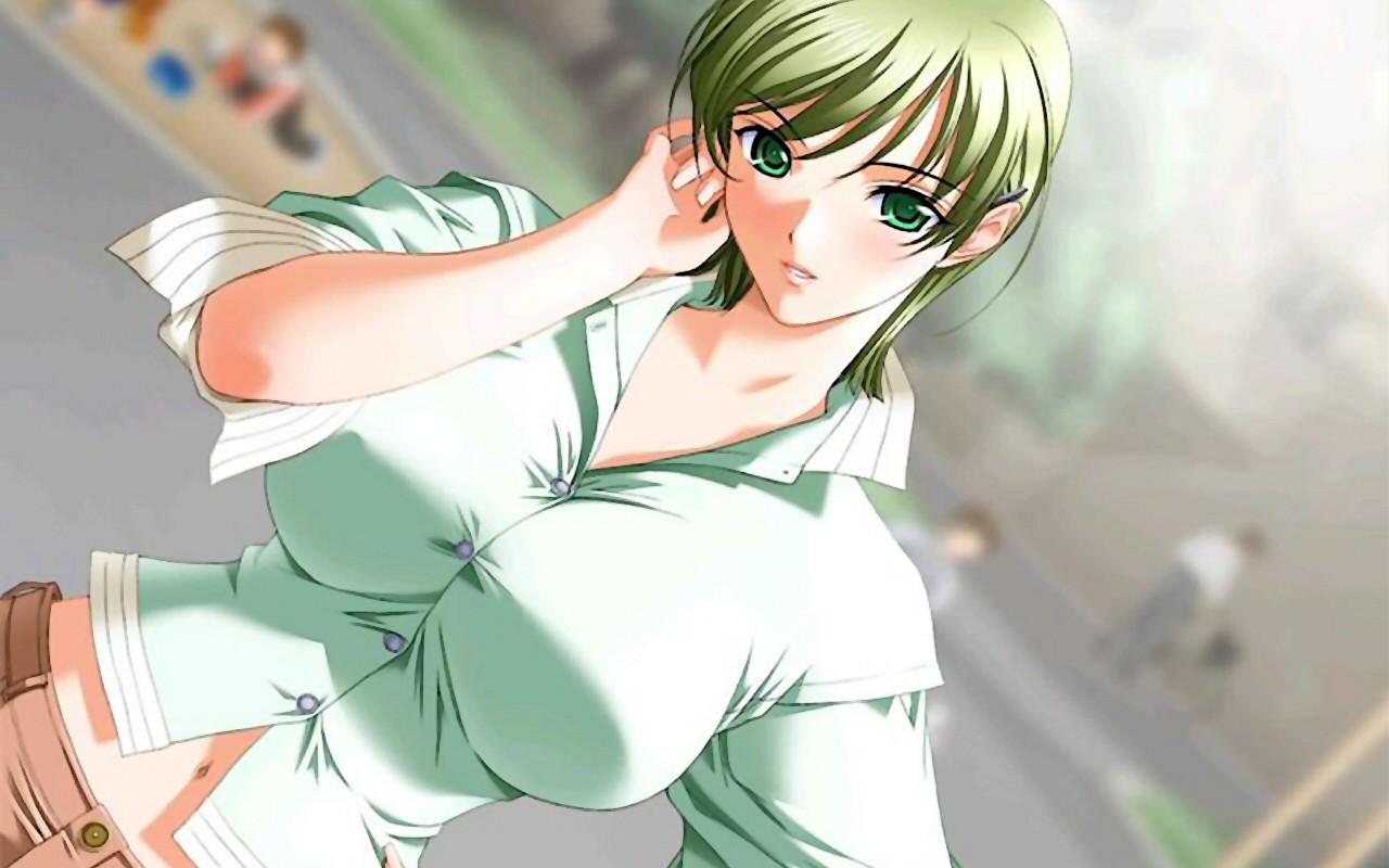 Anime 1280x800 anime big boobs anime girls boobs huge breasts green hair green eyes women looking at viewer