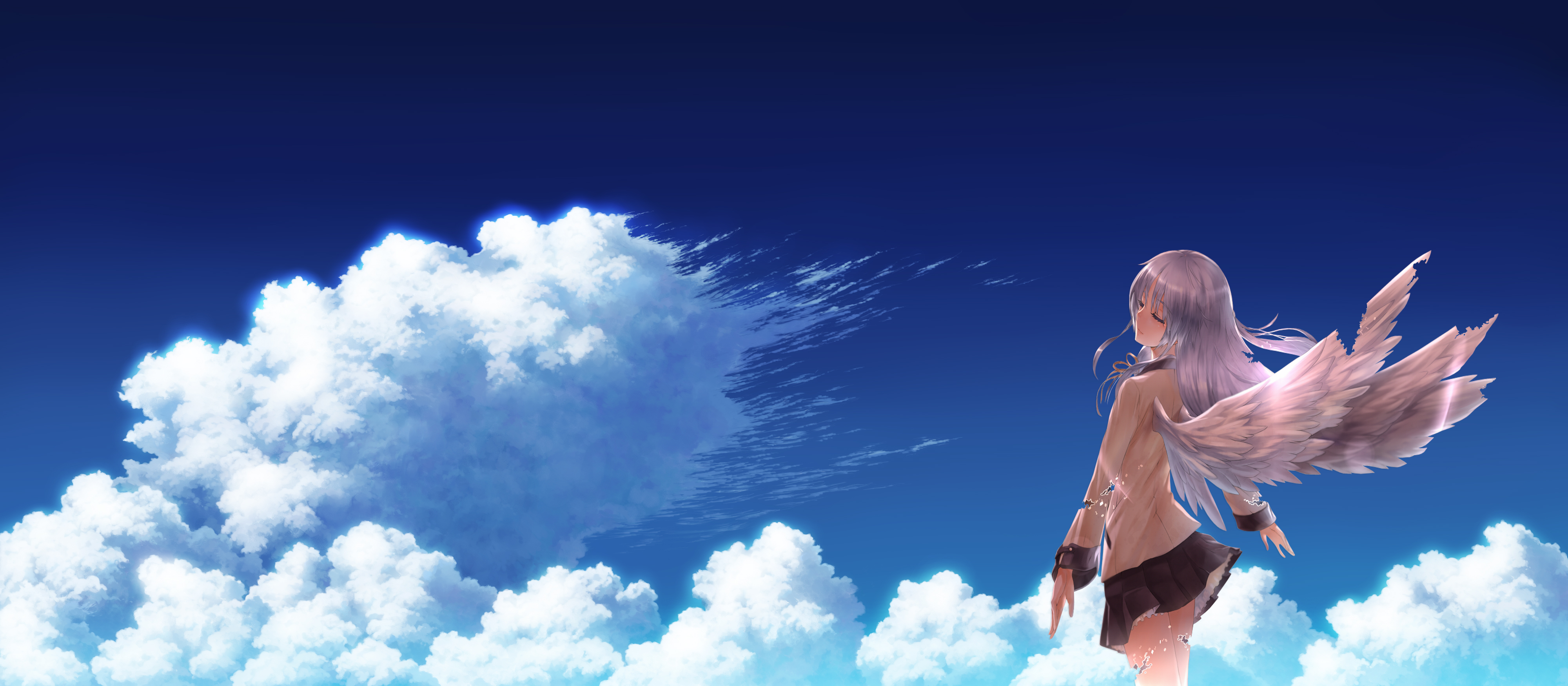 Anime 4000x1750 angel Angel Beats! anime anime girls school uniform schoolgirl sky clouds wings Tachibana Kanade