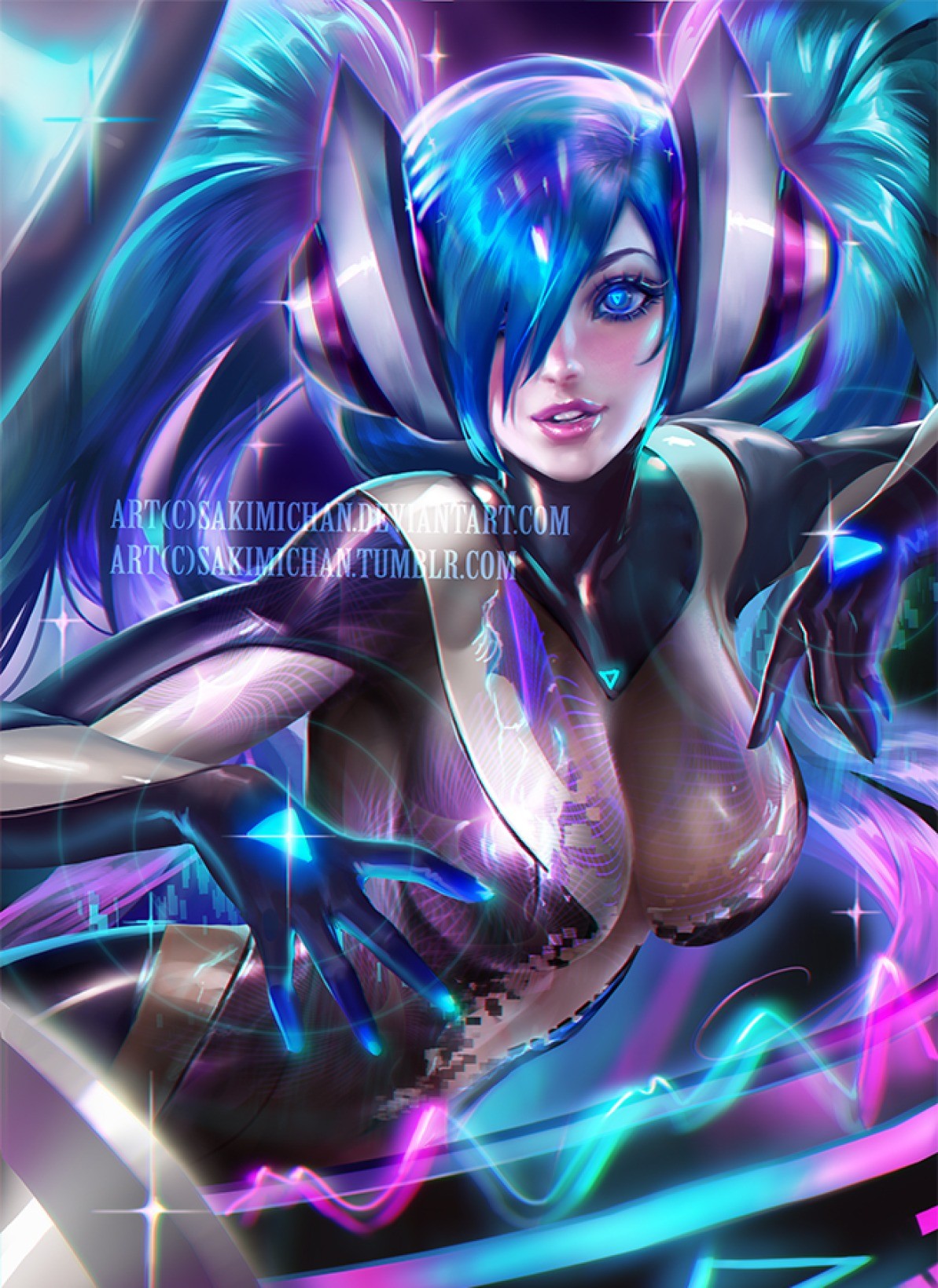 General 1193x1639 Sona (League of Legends) Sakimichan women boobs big boobs hair in face blue eyes hair over one eye curvy video game girls video game art League of Legends