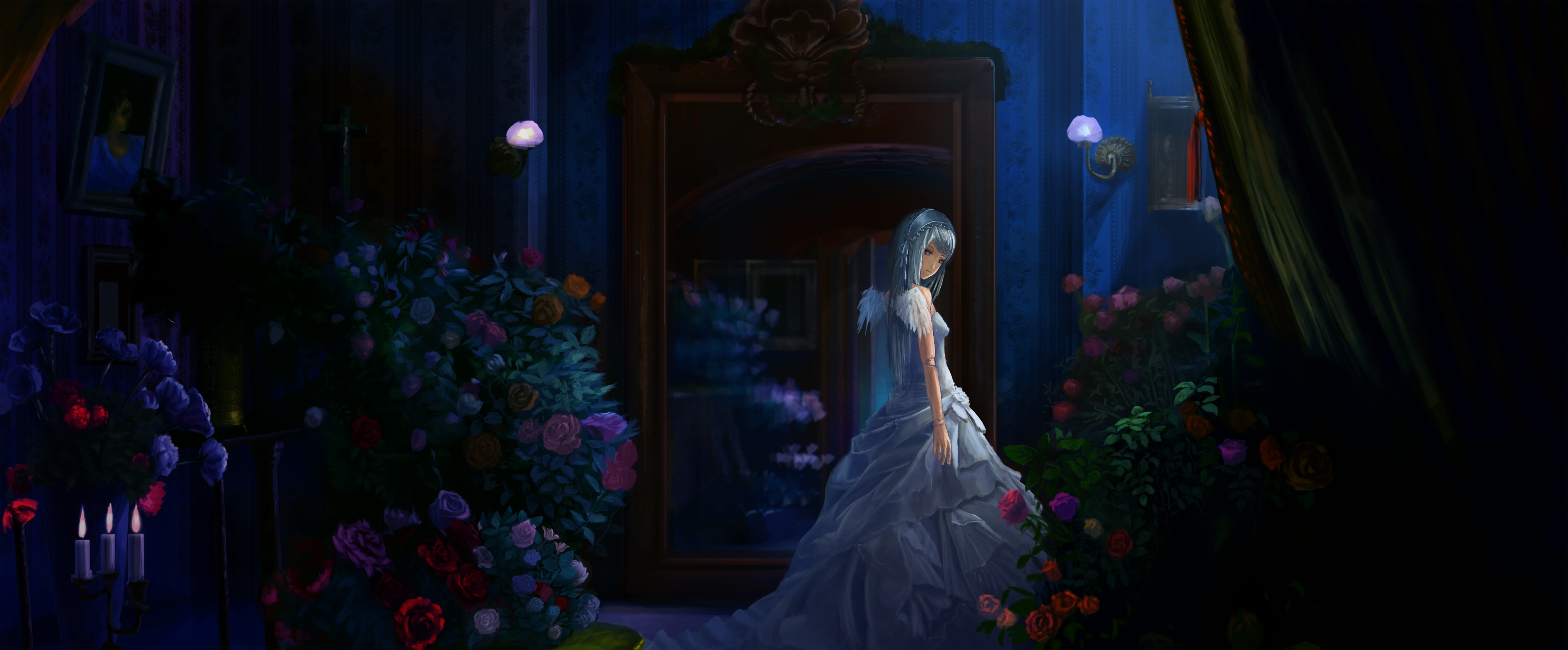 Anime 4214x1748 Rozen Maiden anime girls anime flowers dark room women women indoors dress fantasy girl fantasy art standing blue hair