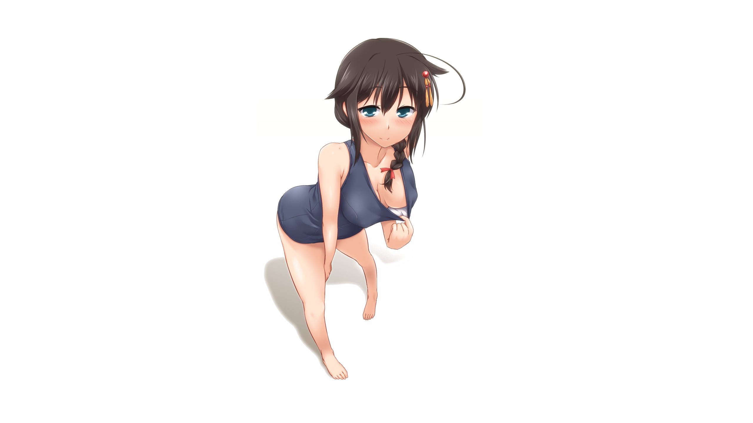 Anime 2560x1440 anime girls school swimsuits Kantai Collection barefoot pulling clothing one-piece swimsuit anime boobs brunette looking at viewer flashing simple background white background