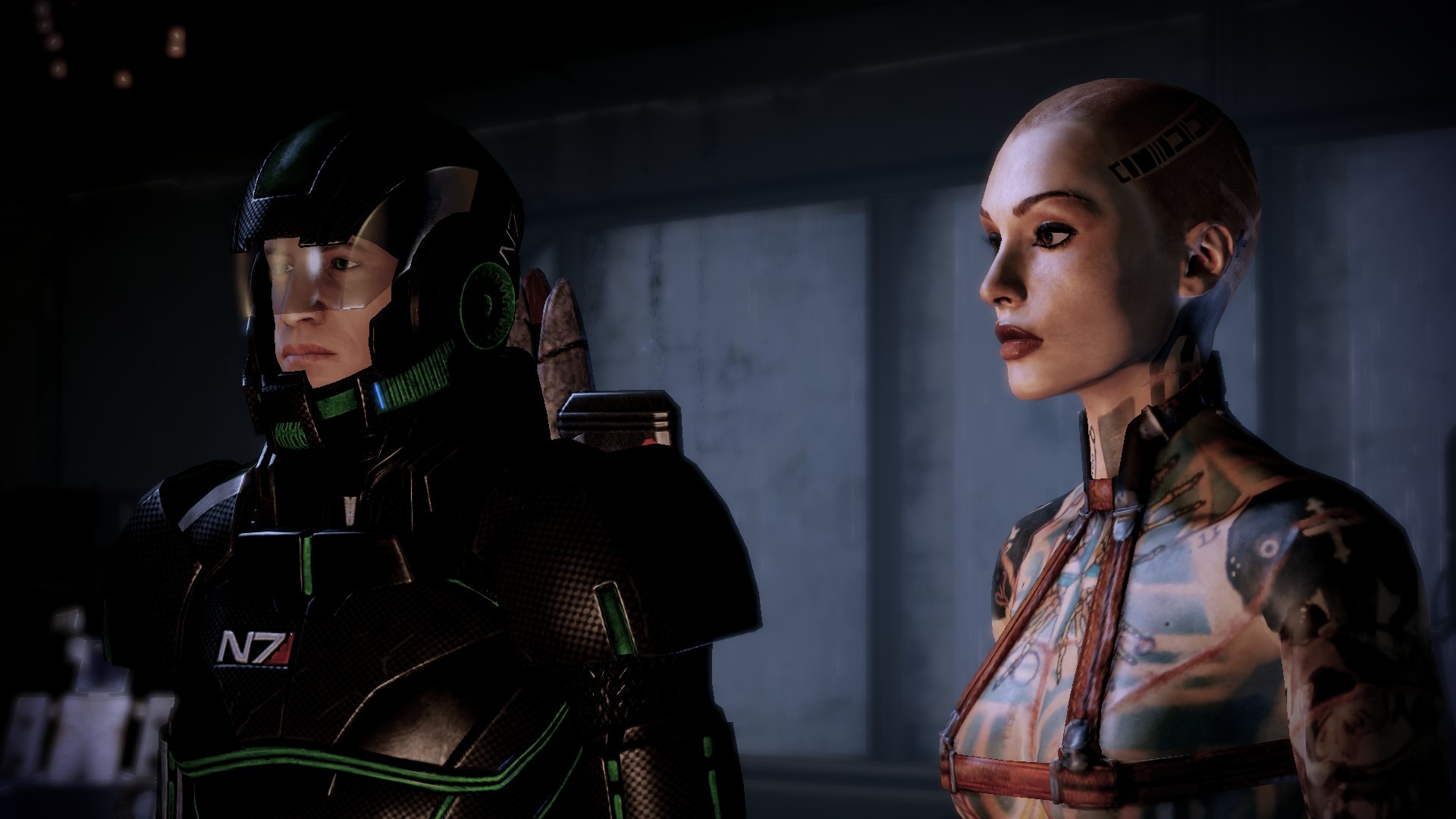 General 1920x1080 Mass Effect 2 Commander Shepard Jack (Mass Effect) video game girls video game men science fiction women women video games PC gaming bald inked girls boobs CGI
