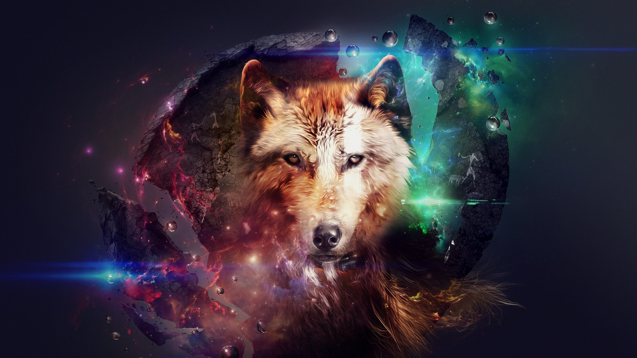 General 2560x1440 artwork planet space fire stars fantasy art science fiction wolf animals mammals digital art