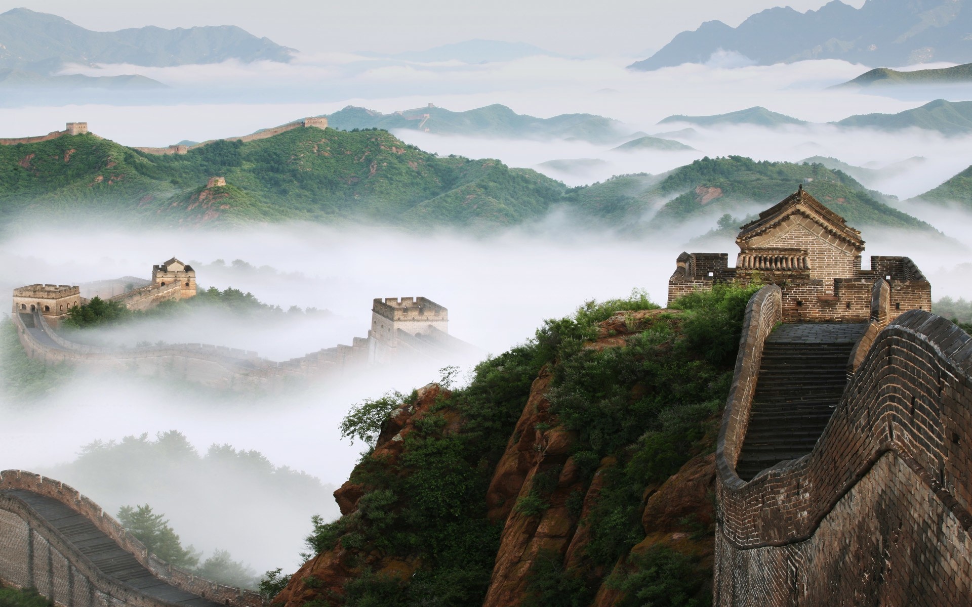 General 1920x1200 nature landscape trees China Great Wall of China hills mist rocks architecture tower bricks stairs forest Asia