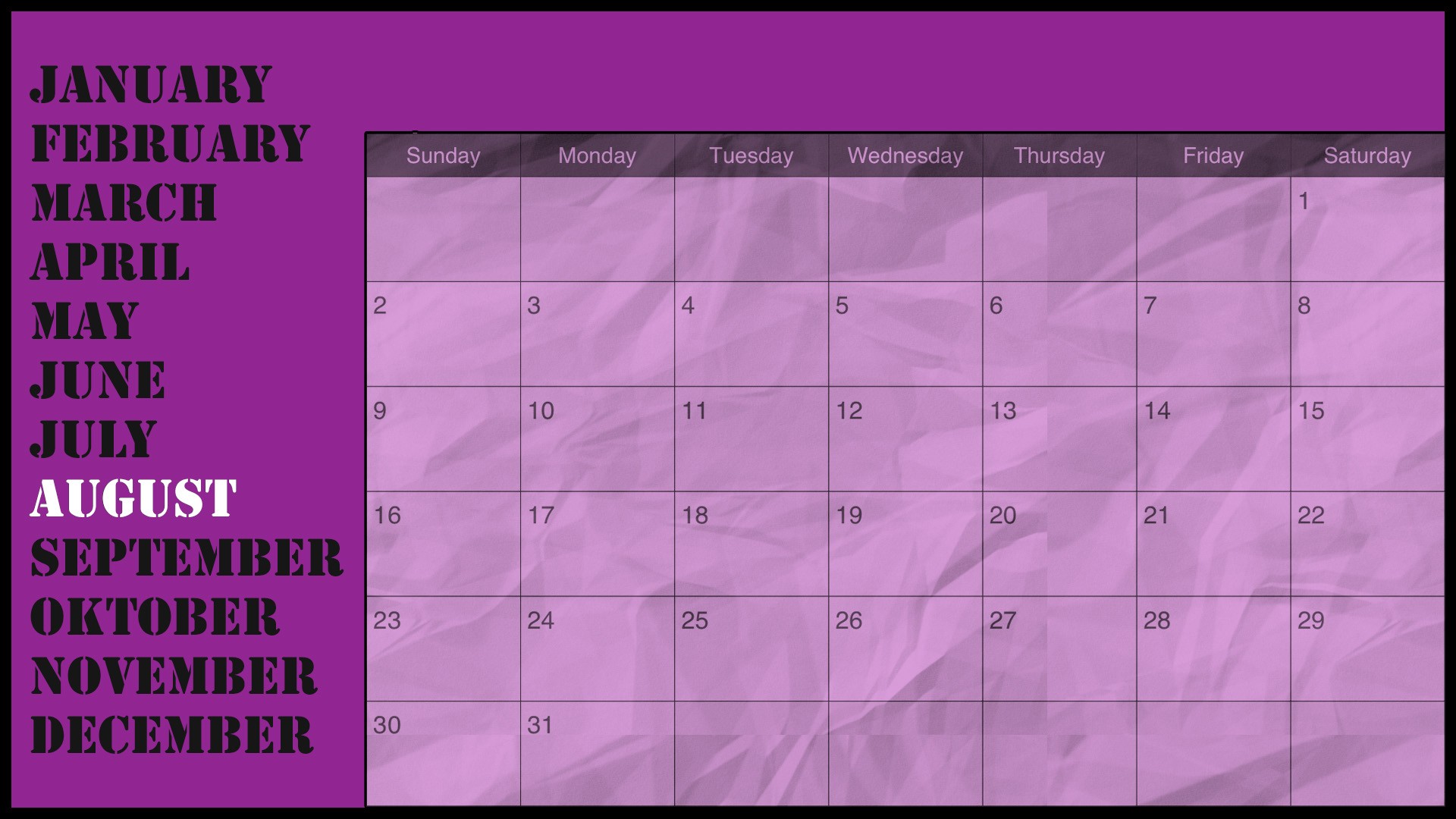 General 1920x1080 calendar paper August (Knowledge) 2015 (Year) purple background numbers