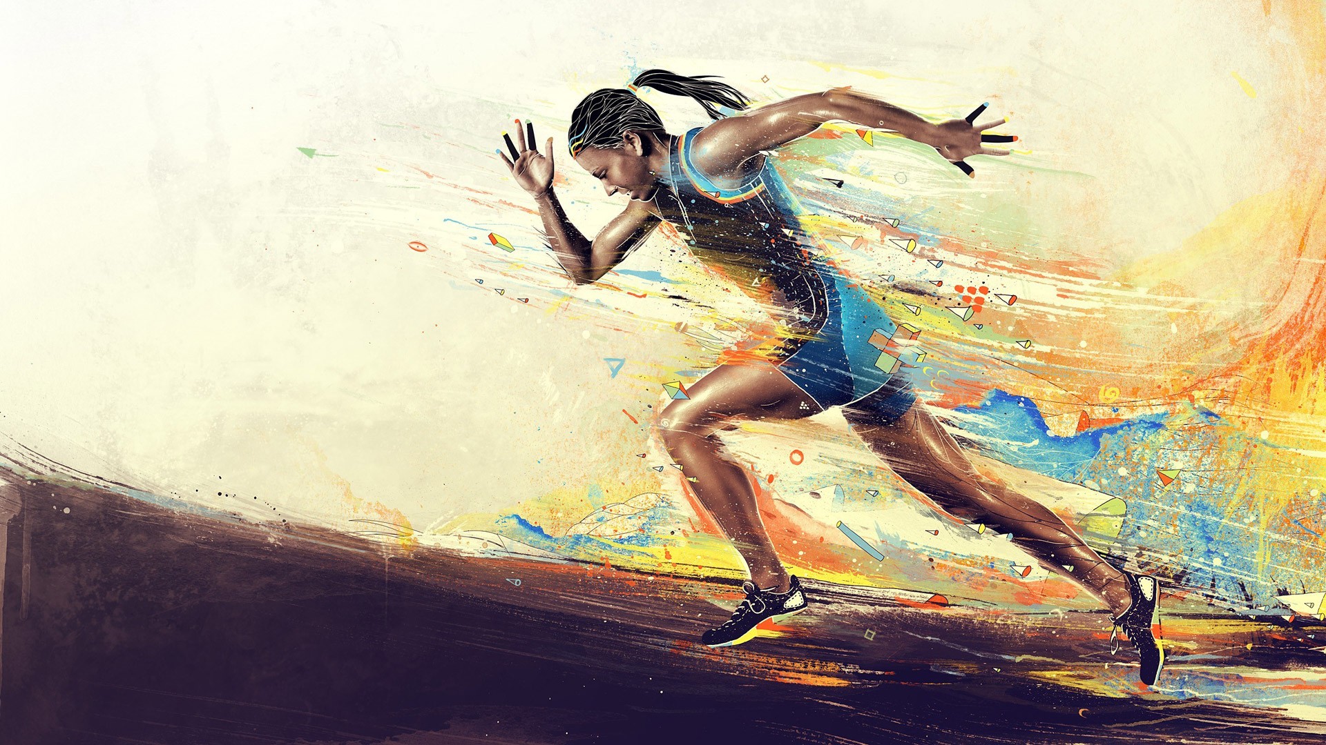 General 1920x1080 painting sport abstract digital art women running athletes legs black hair artwork