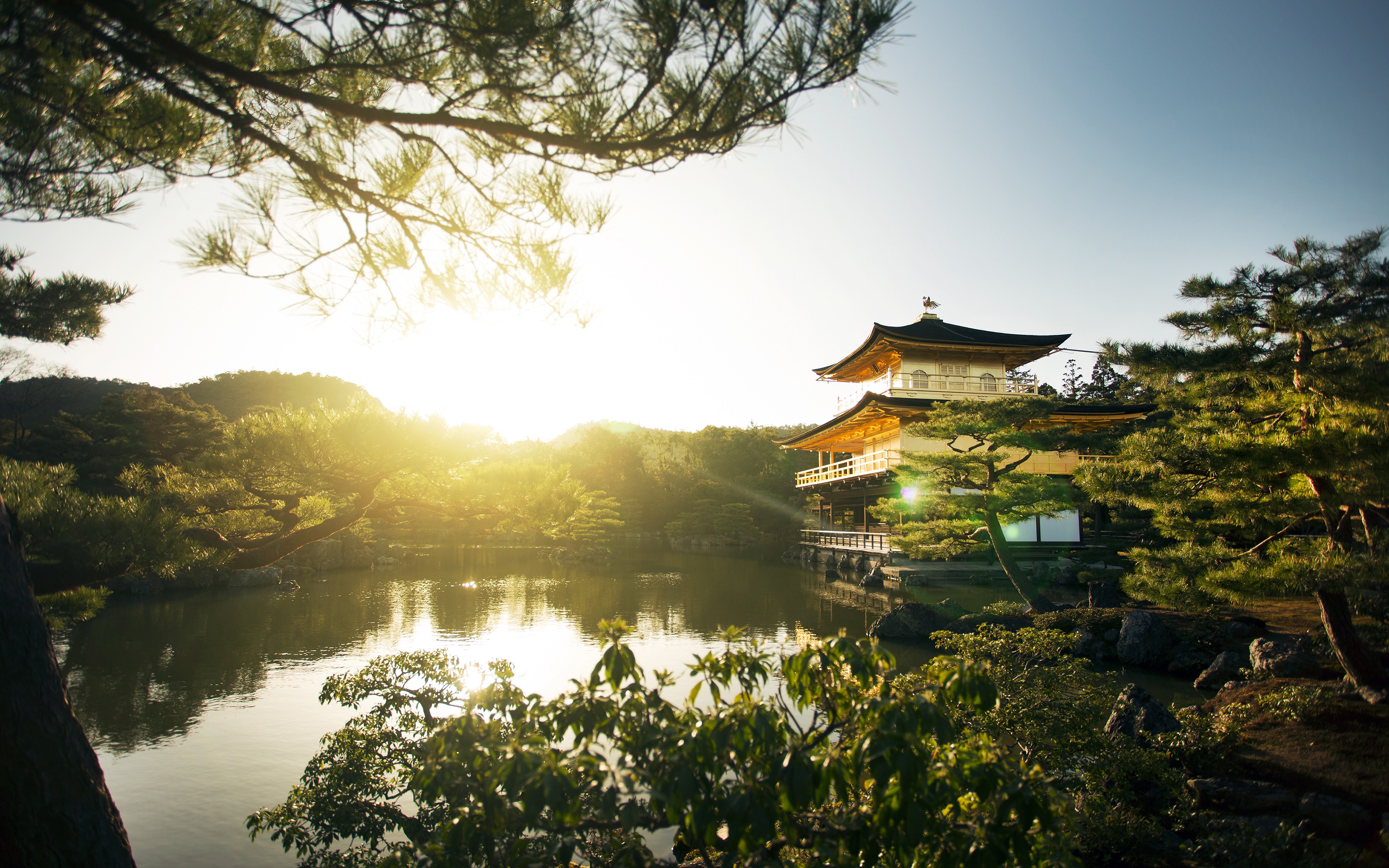 General 3360x2100 landscape nature park Kyoto trees lake pagoda Japan sun rays building Asia sunlight outdoors kinkakuji