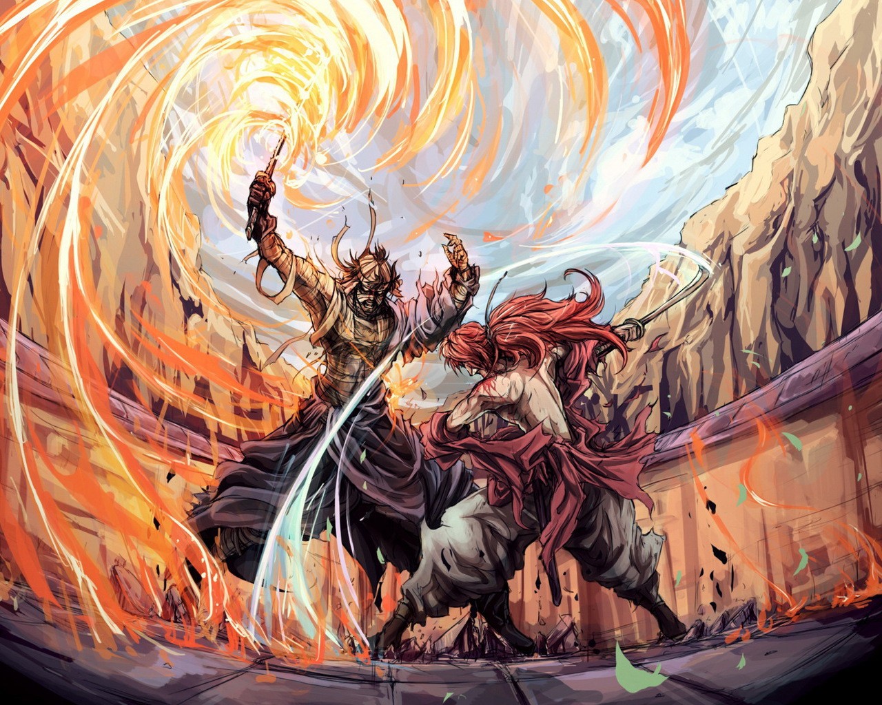 Anime 1280x1024 anime warrior fire fantasy art Rurouni Kenshin Himura Kenshin Shishio Makoto