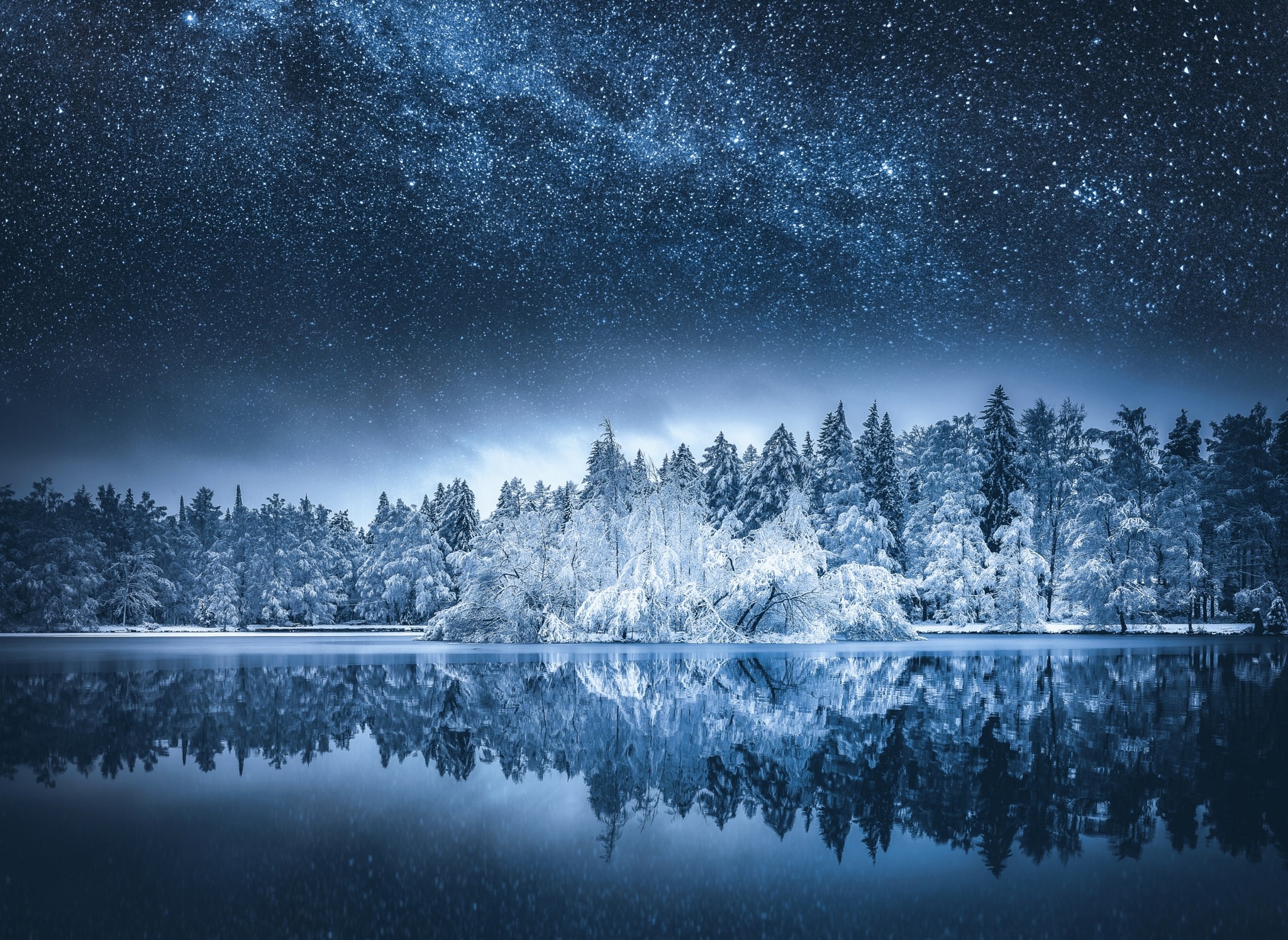General 2048x1494 nature landscape snow Milky Way lake starry night water reflection forest fall trees Finland long exposure cold outdoors sky stars