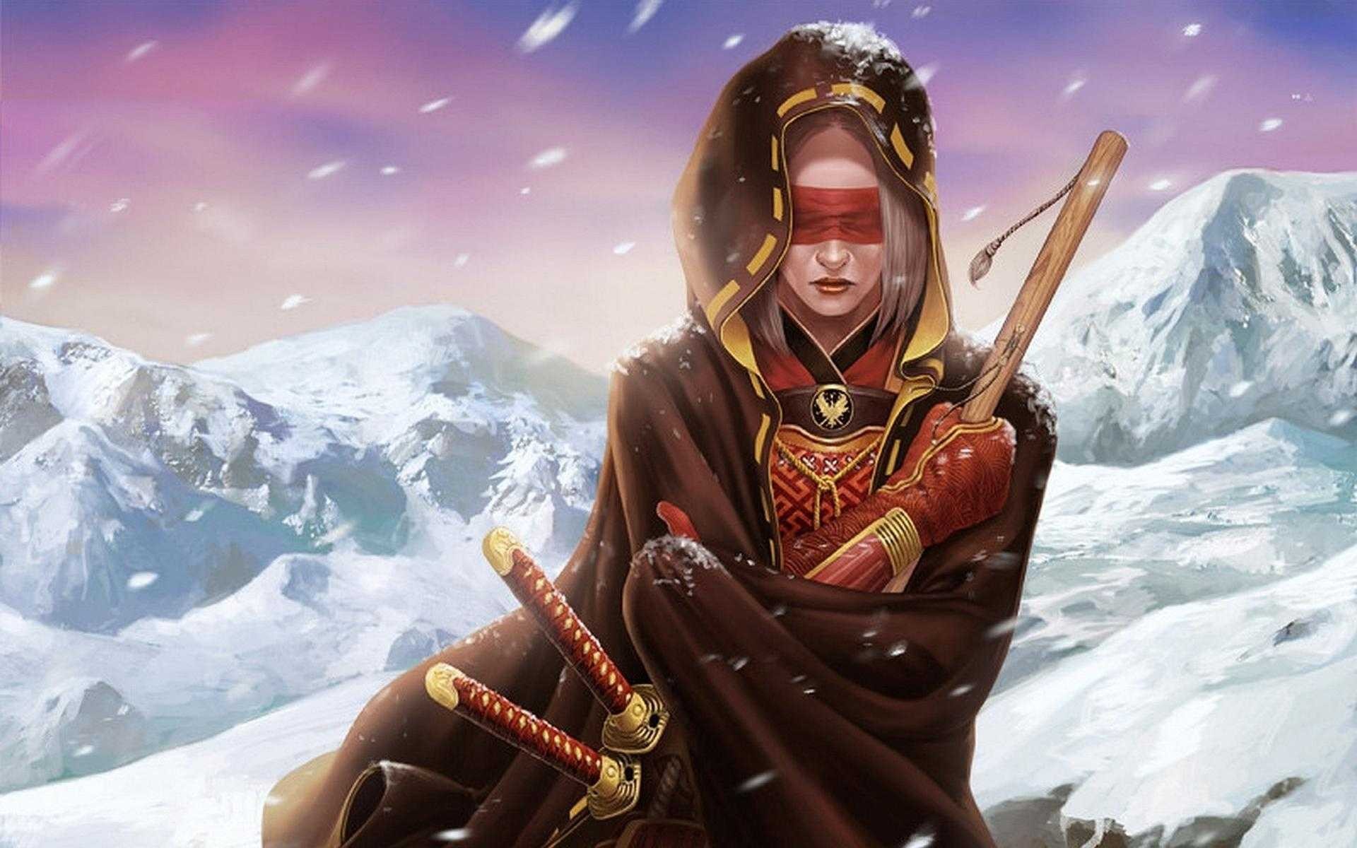 General 1920x1200 katana warrior snow fantasy art fantasy girl mountains blindfold sword weapon women cold outdoors winter digital art