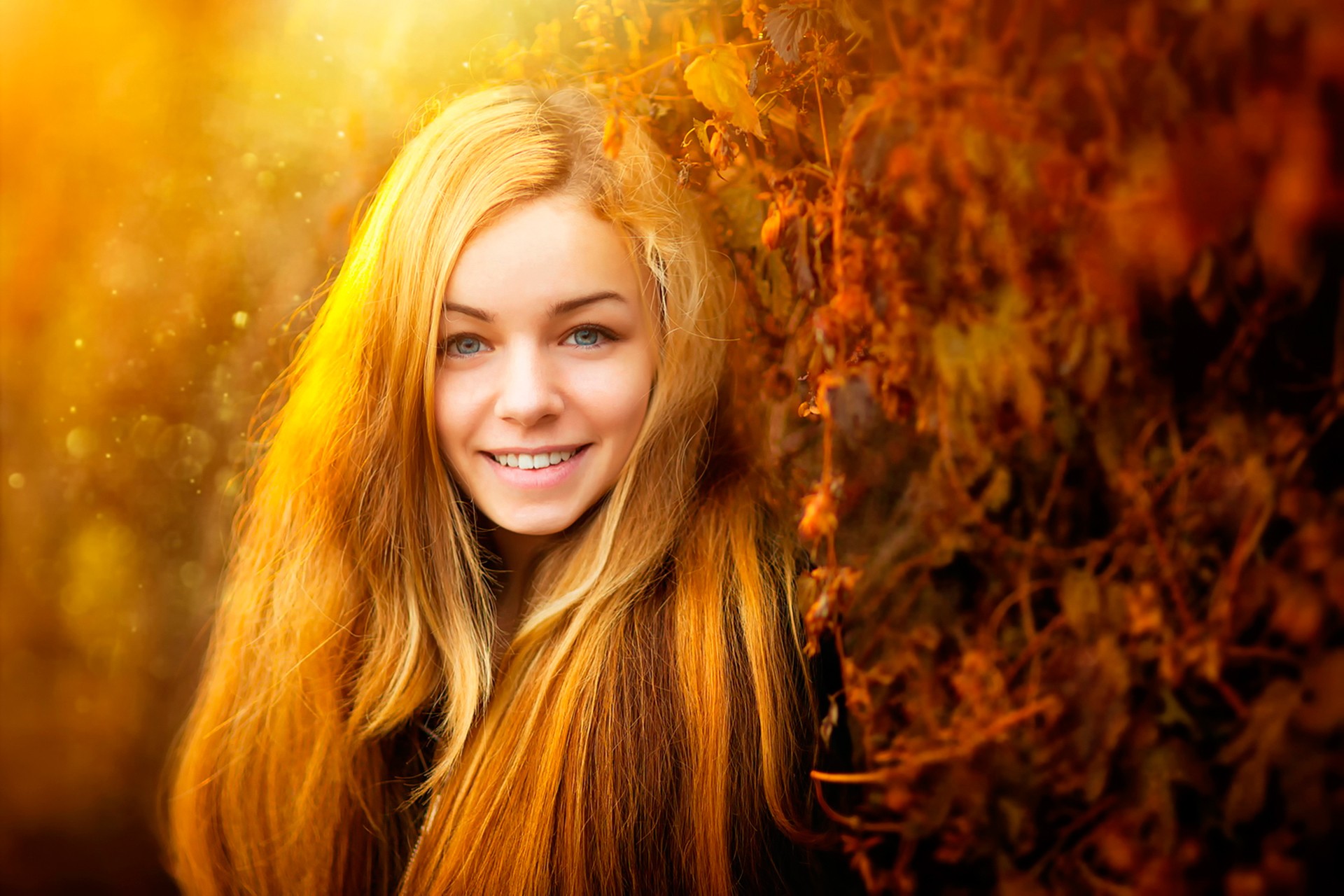 People 1920x1280 women outdoors model smiling women blue eyes fall looking at viewer face plants long hair parted lips