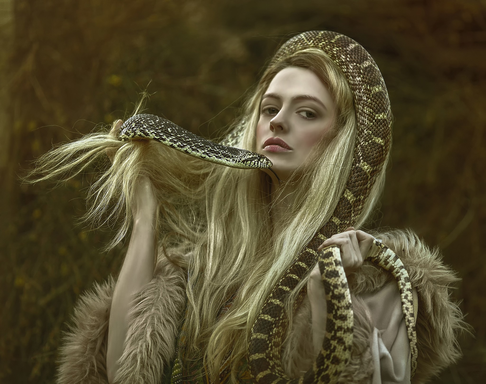 People 2048x1618 women snake fantasy girl animals model blonde long hair lipstick looking at viewer women outdoors