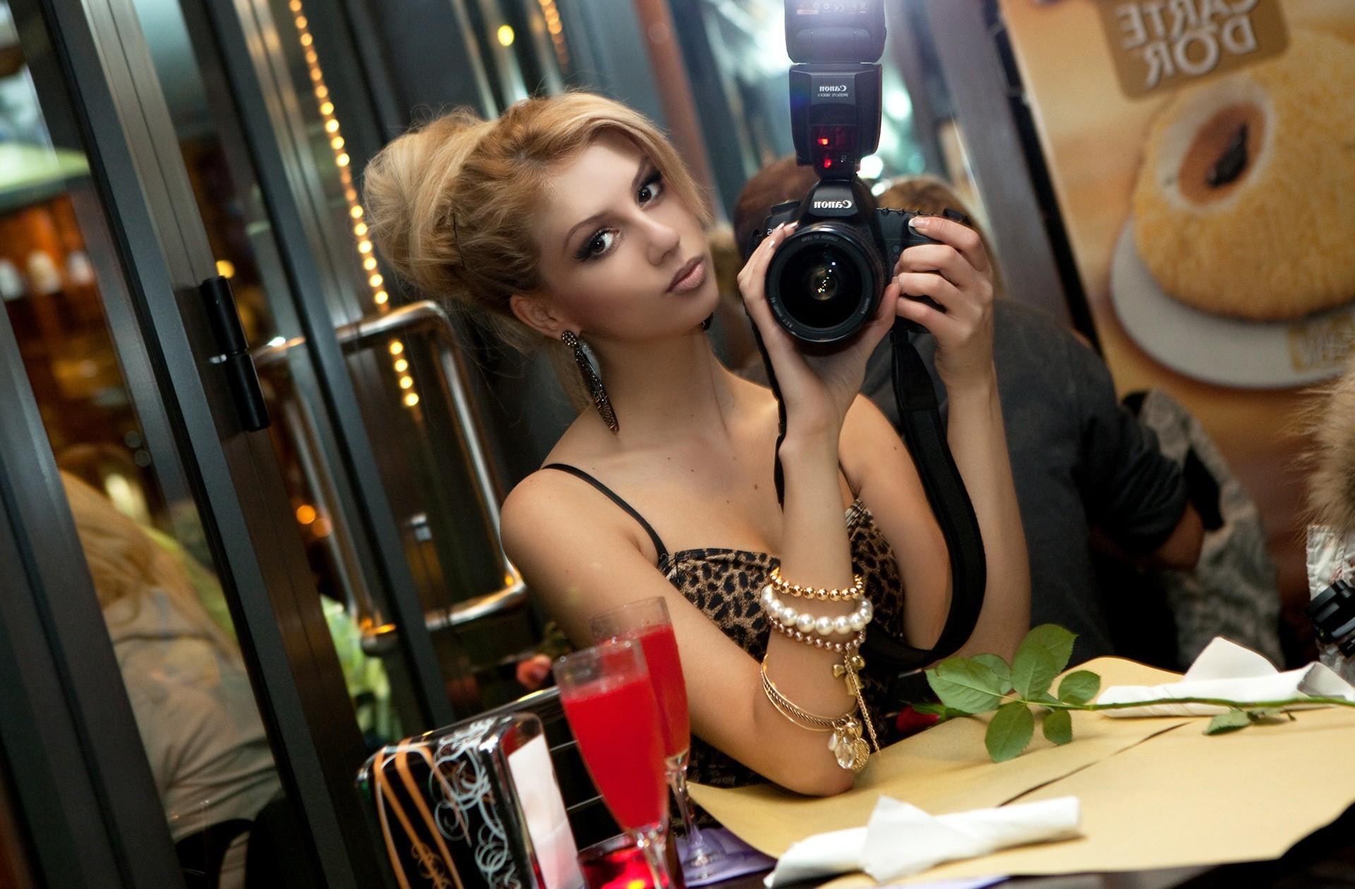 People 1920x1260 women model blonde Ekaterina Fetisova Canon camera selfies makeup long earrings bracelets women indoors indoors looking at viewer drinking glass Russian women Russian model
