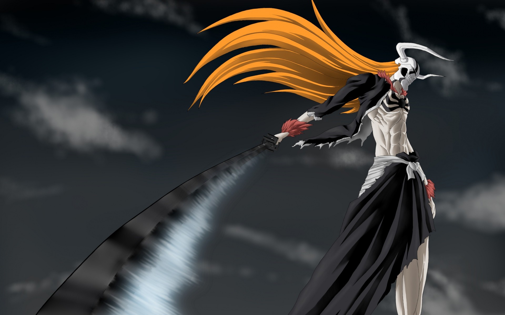 Anime 1920x1200 manga Bleach Kurosaki Ichigo Hollow skull sword weapon sky long hair horns anime