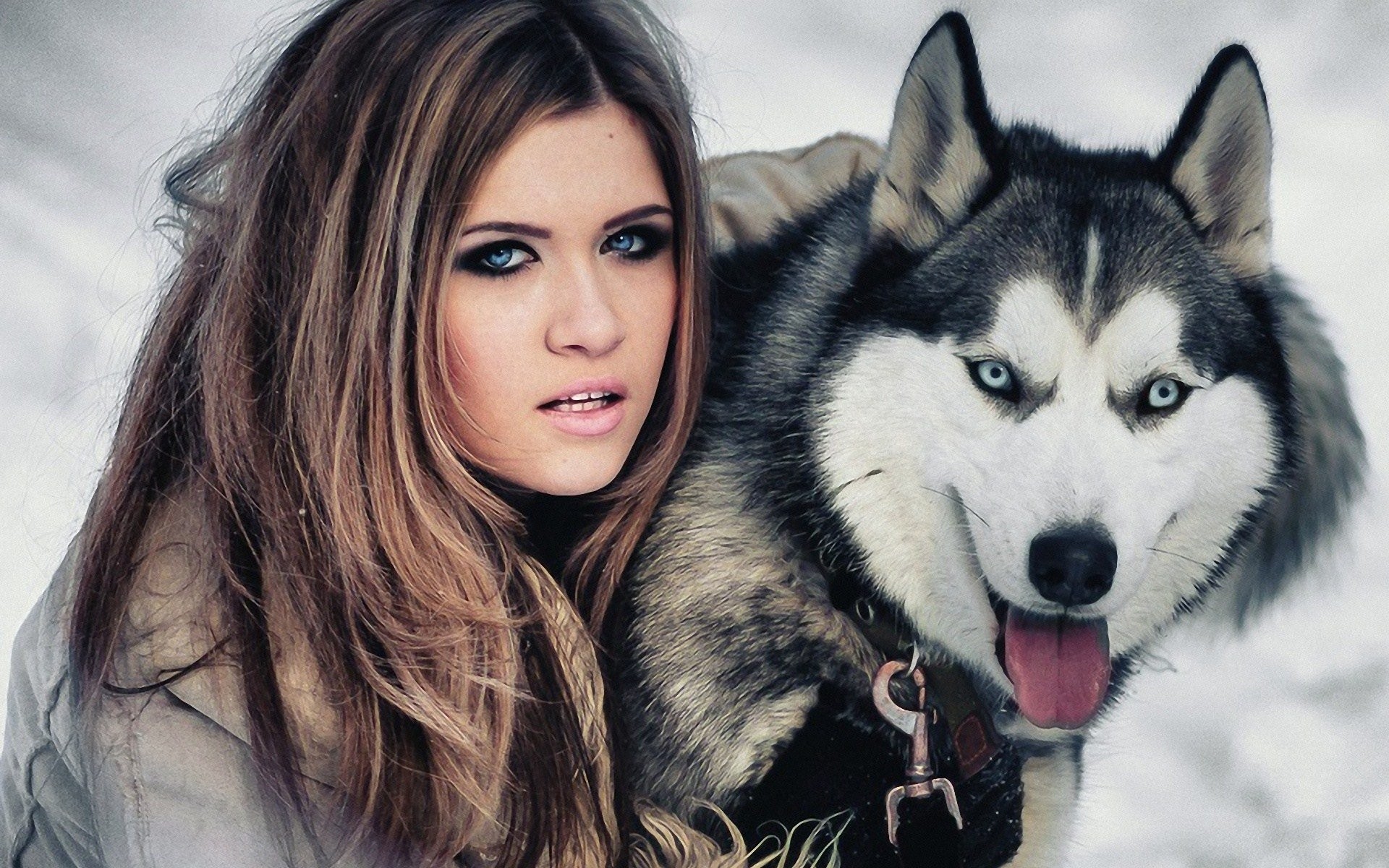 People 1920x1200 dog model dyed hair brunette women blue eyes open mouth Siberian Husky  winter looking at viewer women with dogs animals mammals makeup parted lips long hair